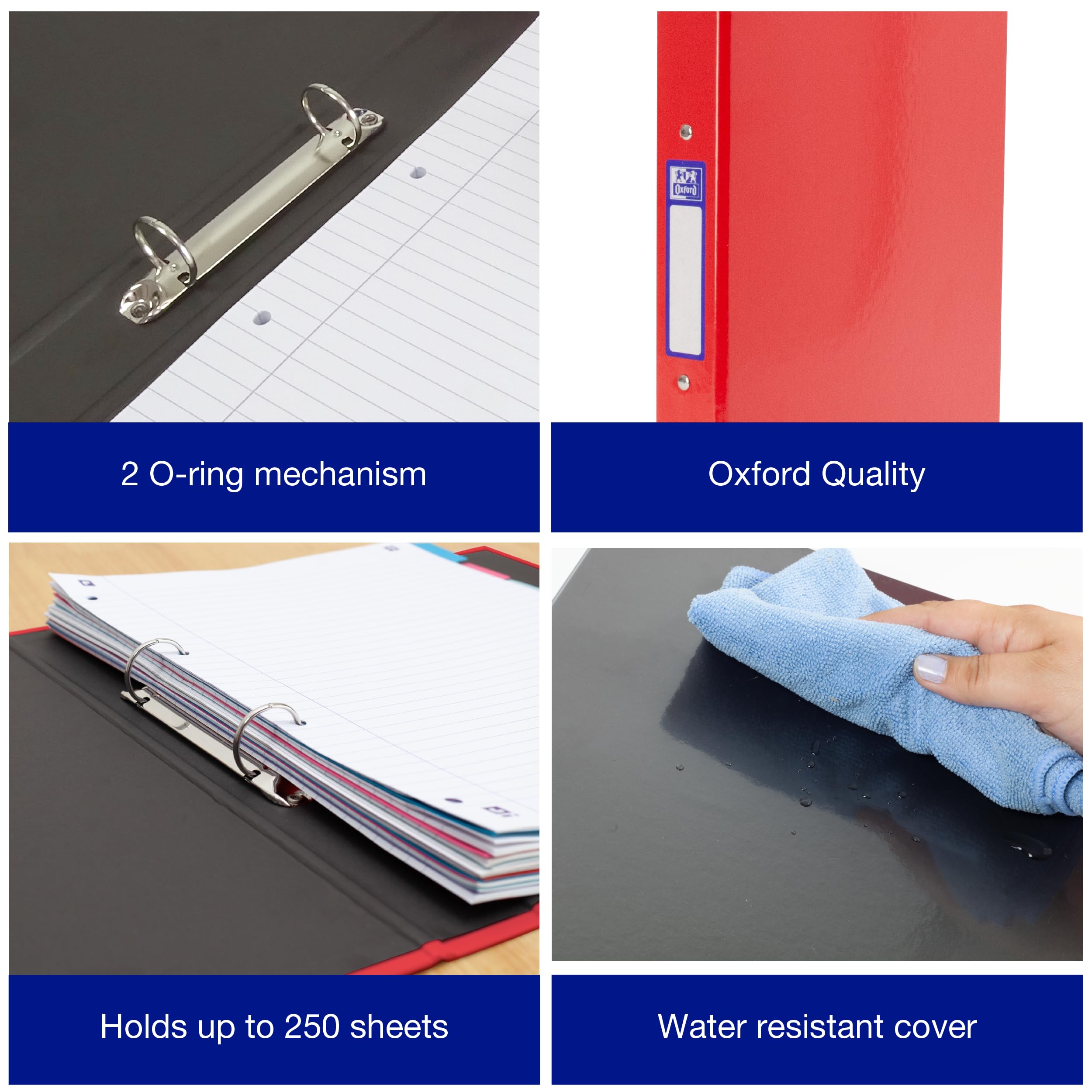 Oxford A4 O-Ring Binder - Durable Gloss Finish, 40mm Spine | Pack of 3 (Navy/Red/Aqua) 4