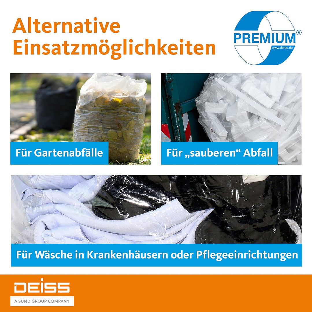Deiss Premium Transparent Bin Bags Type 60, 120L - Clear Rubbish Bags 700 x 1100 mm