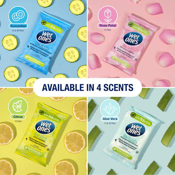 Wet Ones - Be Fresh Antibacterial Pocket Hand Wipes - Plastic Free, Biodegradable - 12 Packs x 12 Wipes (144 Total)