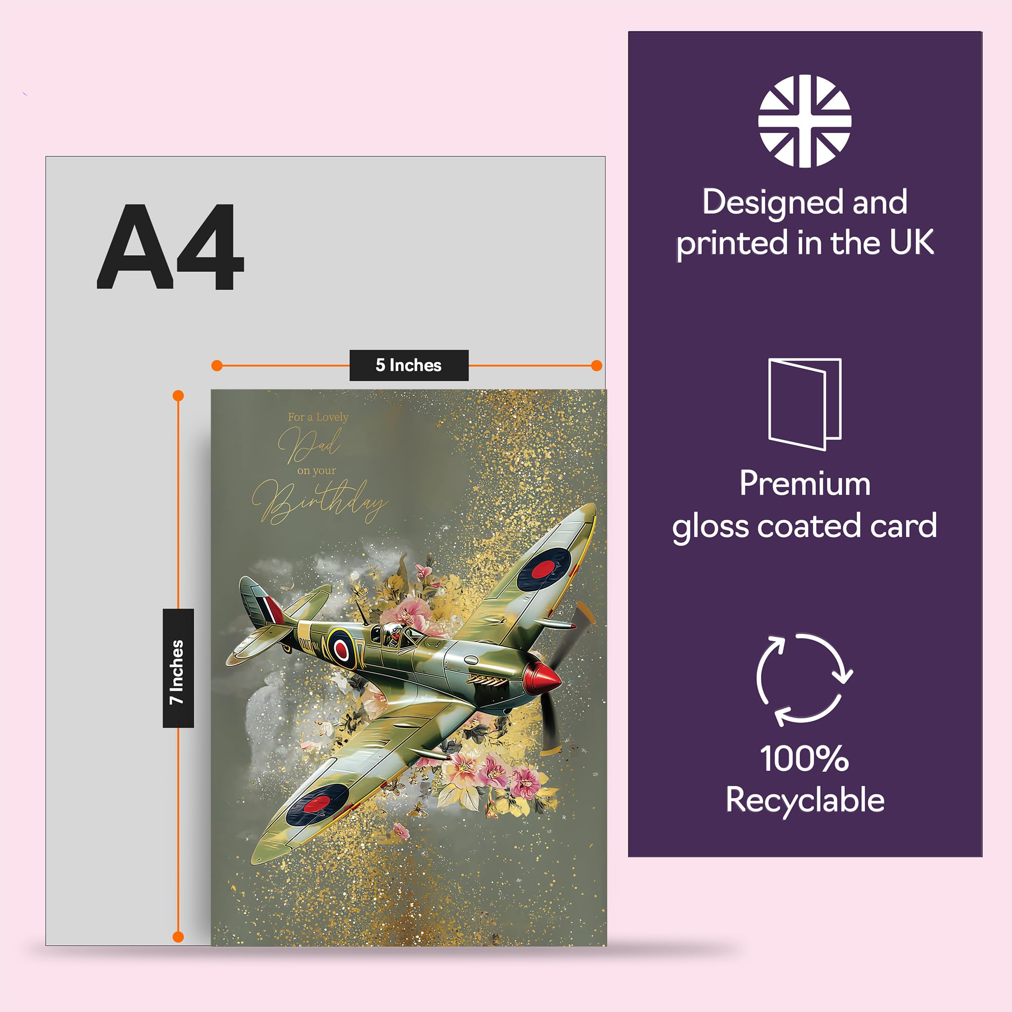 Giftzie Spitfire Airplane Birthday Card for Dad | 127mm x 178mm | Gold Design 5