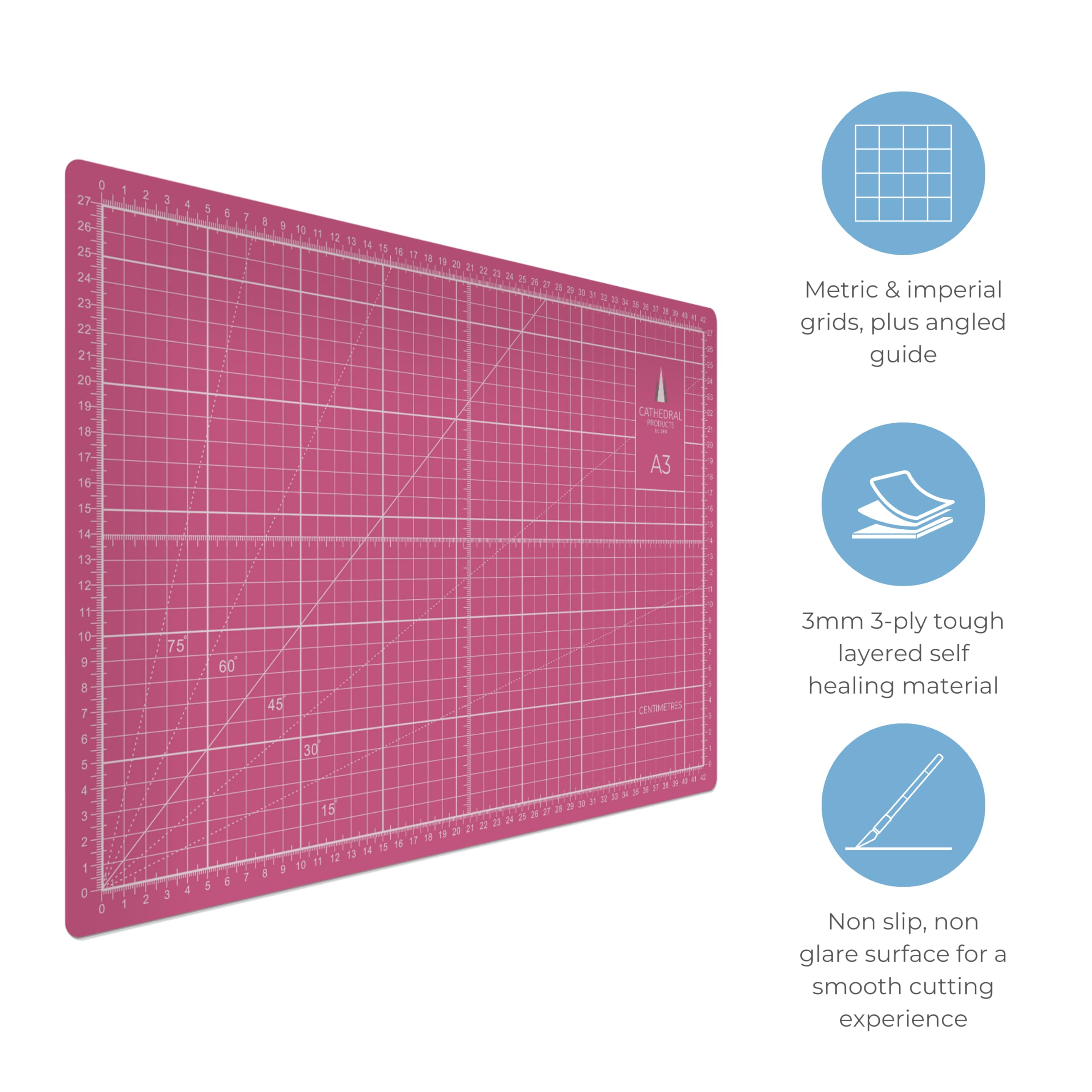 Cathedral Products A3 Double-Sided Self-Healing Cutting Mat | 3mm Thick | Pink 3