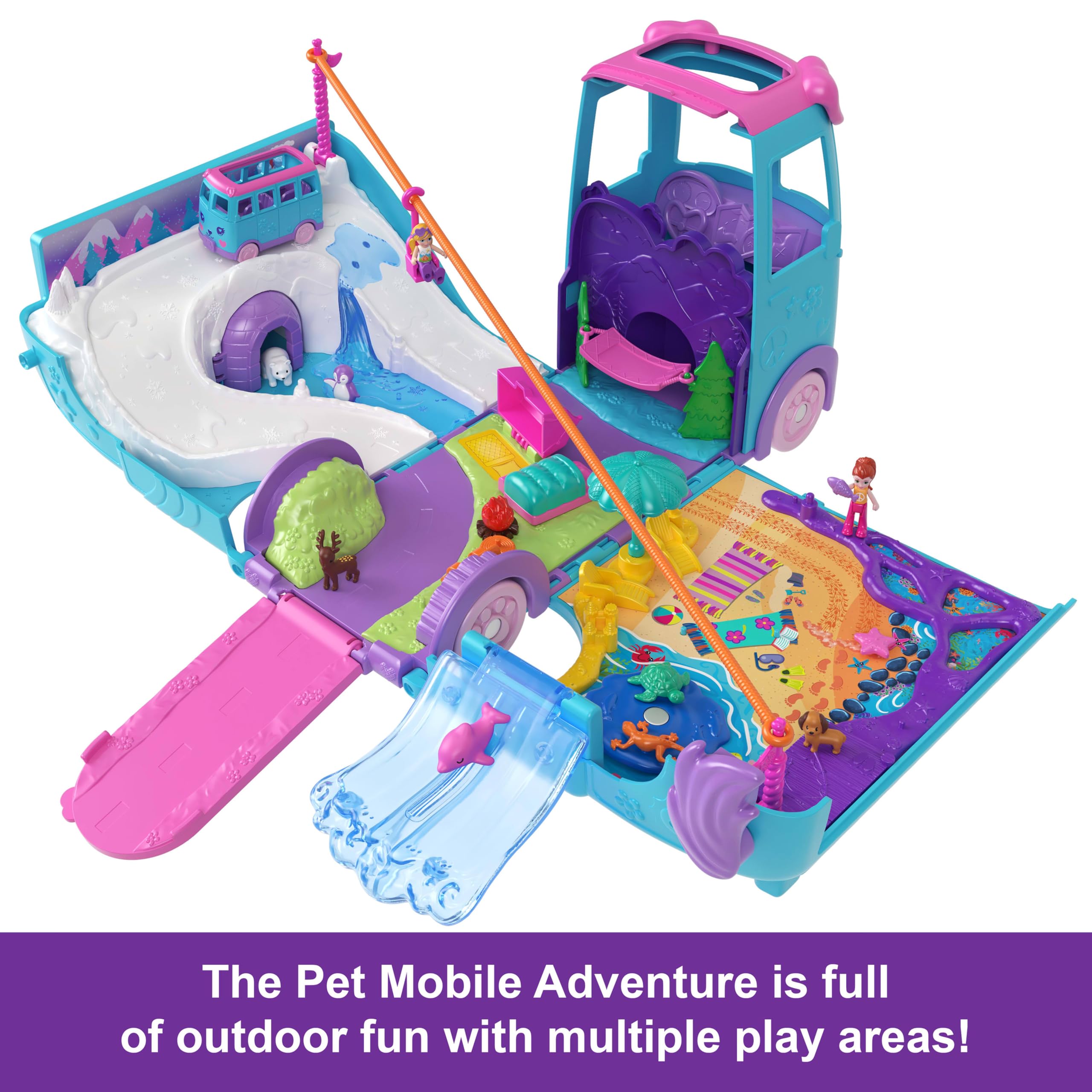 Polly Pocket Pet Mobile Adventure Playset - Transforming Camper Van with Micro Dolls & Pets, Ages 4+ 5