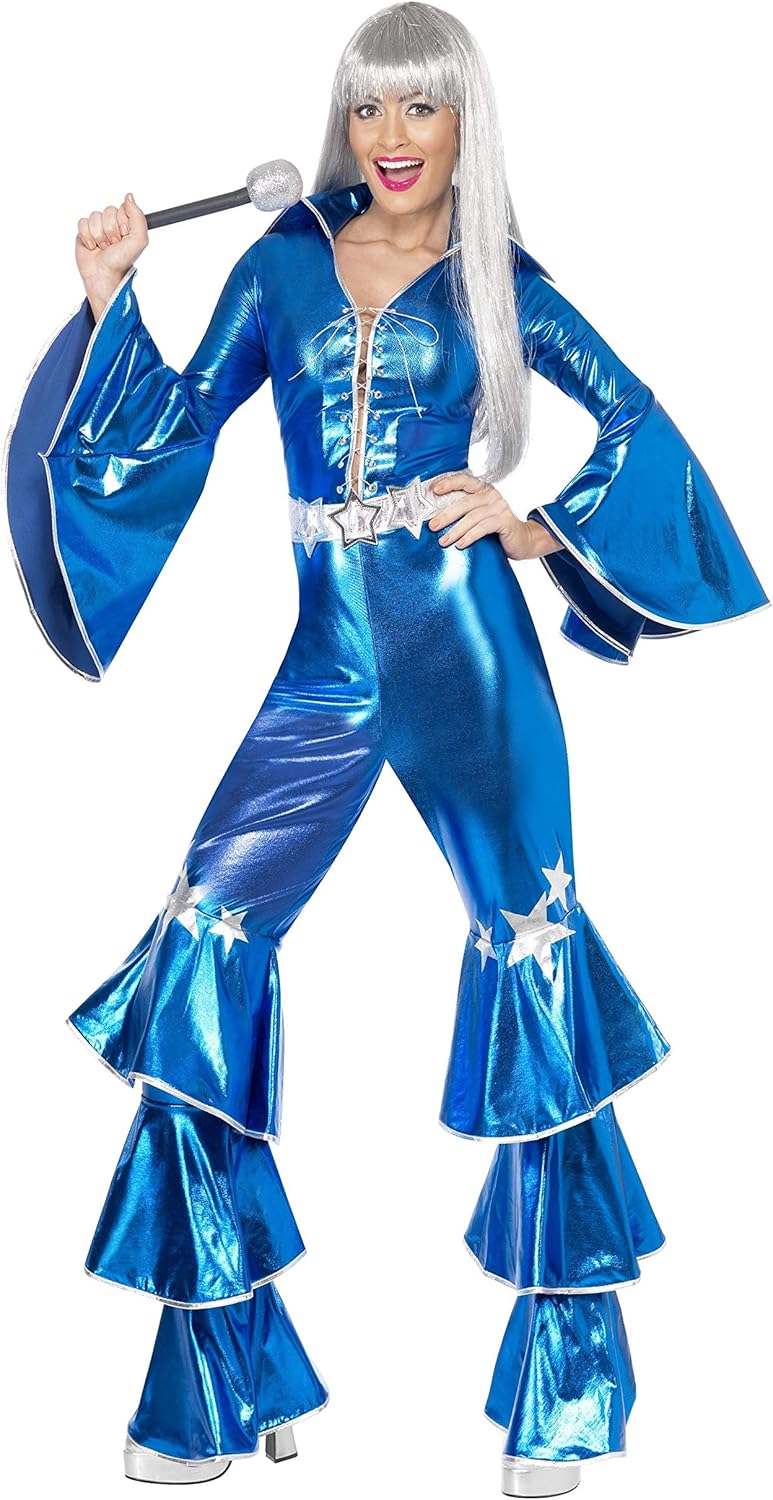 Smiffys 1970s Dancing Dream Costume - Blue Lace-Up Jumpsuit, Size 8-10