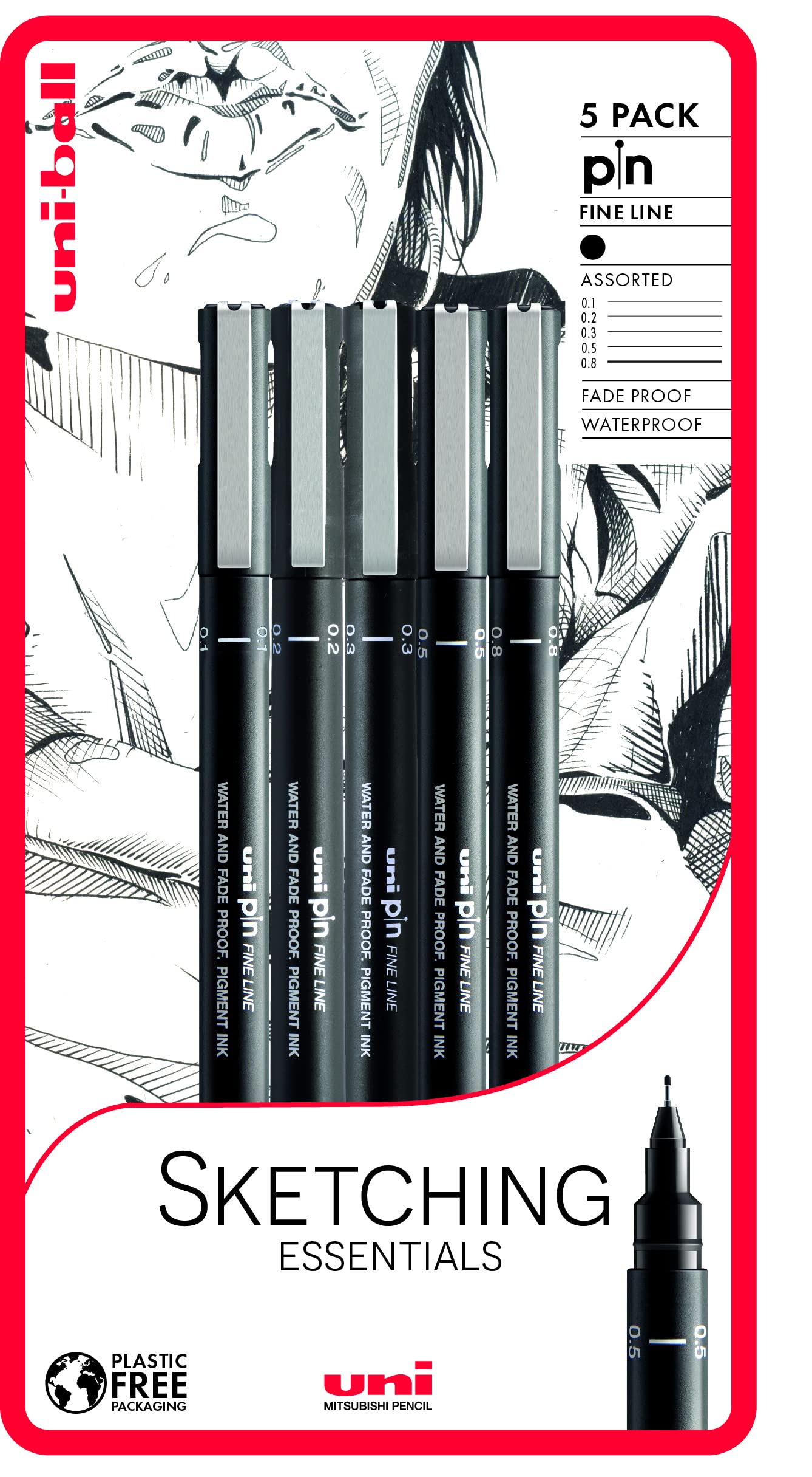 uni-ball PIN Fineliners - Black Ink, 5-Piece Set with 0.1mm to 0.8mm Tips | Fade & Water-Resistant 1