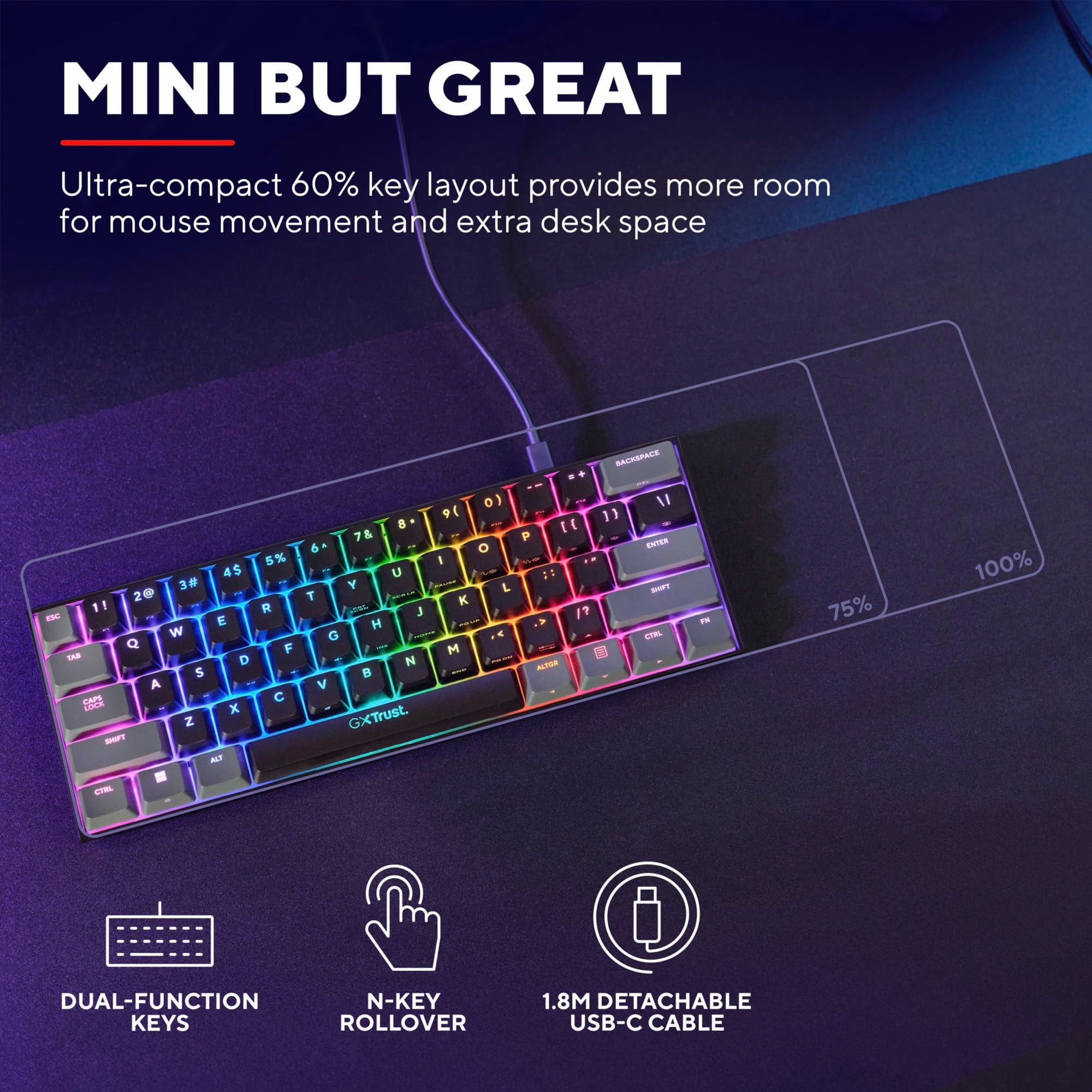 Trust Gaming GXT 867 Acira 60% Mechanical Keyboard UK Layout - RGB Backlit, Outemu Red Switches 13