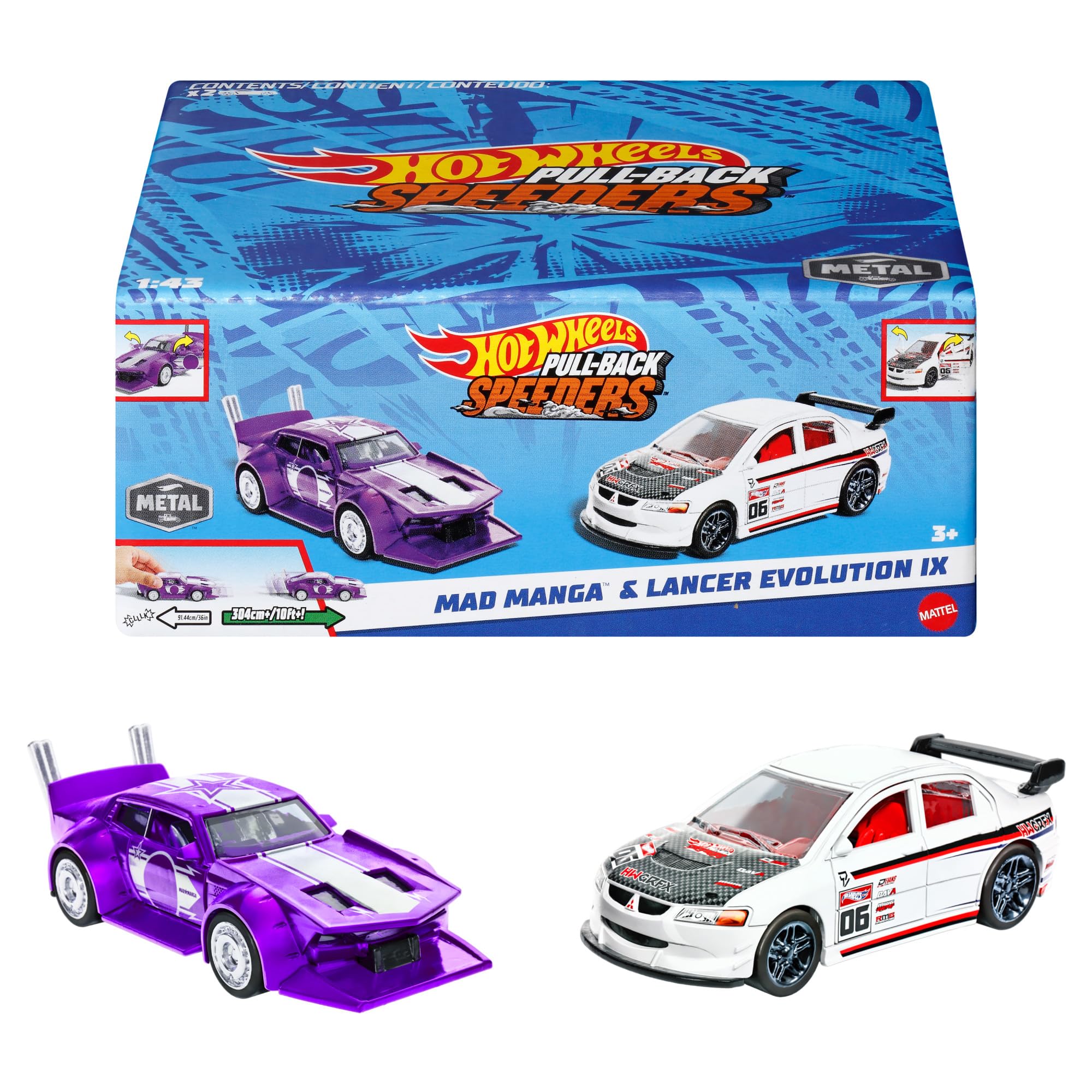 Hot Wheels Pull-Back Speeders Set of 2 Toy Cars - 1:43 Scale, Ages 3+ 1