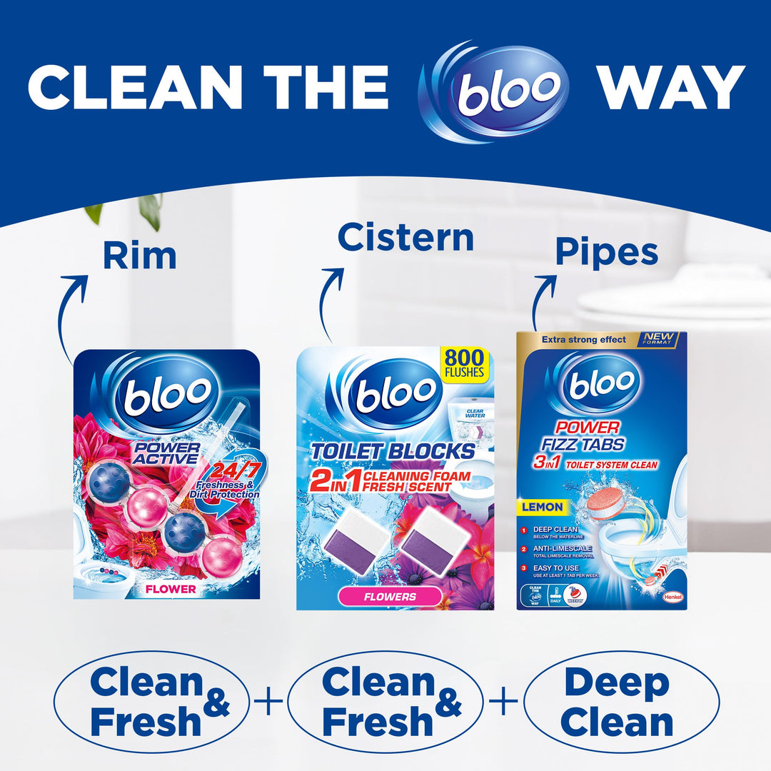 Bloo Power Active Toilet Rim Block - Fresh Flowers Scent with Anti-Limescale, 3 Pack