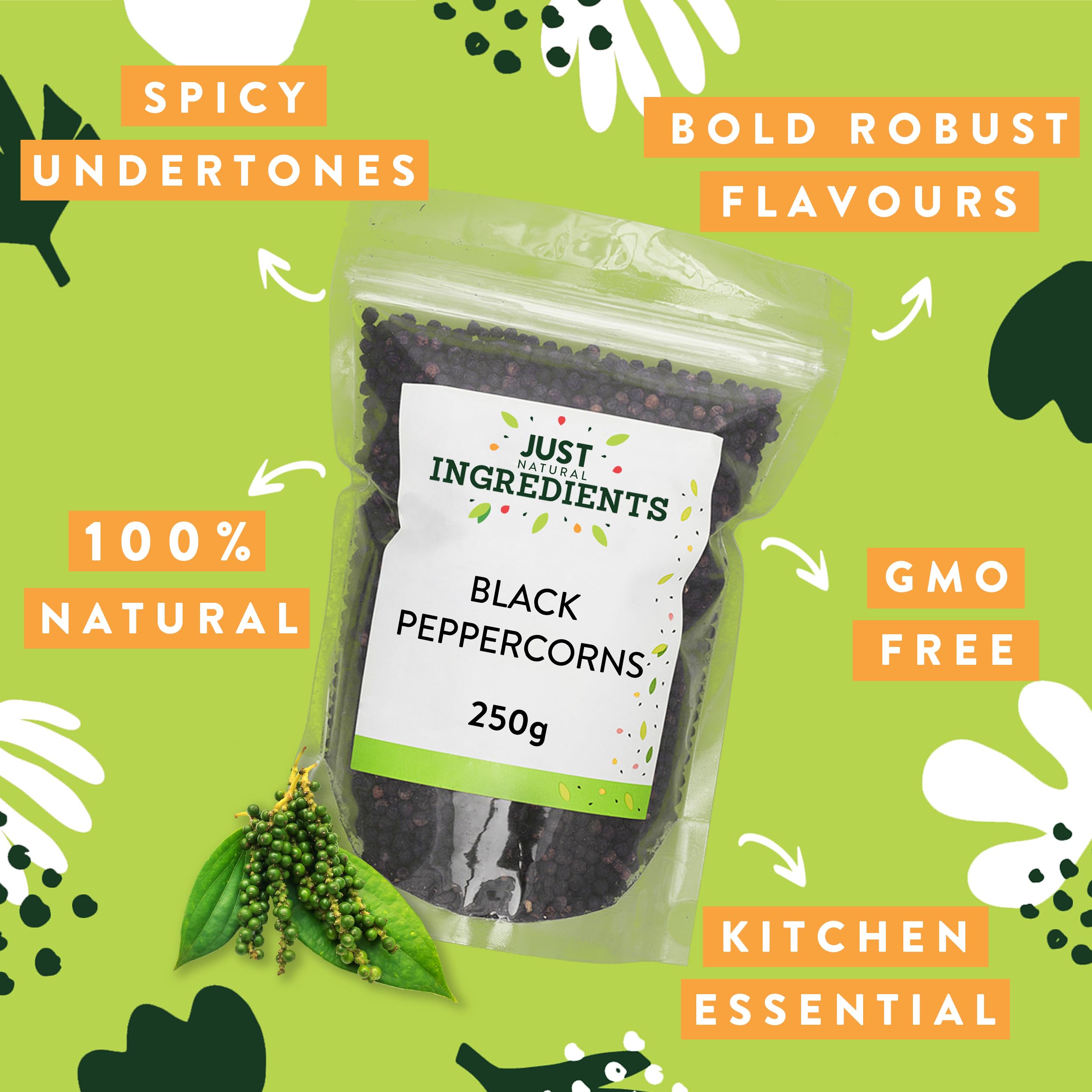 JustIngredients Organic Whole Black Peppercorns - Bold Aromatic Flavour | 250g