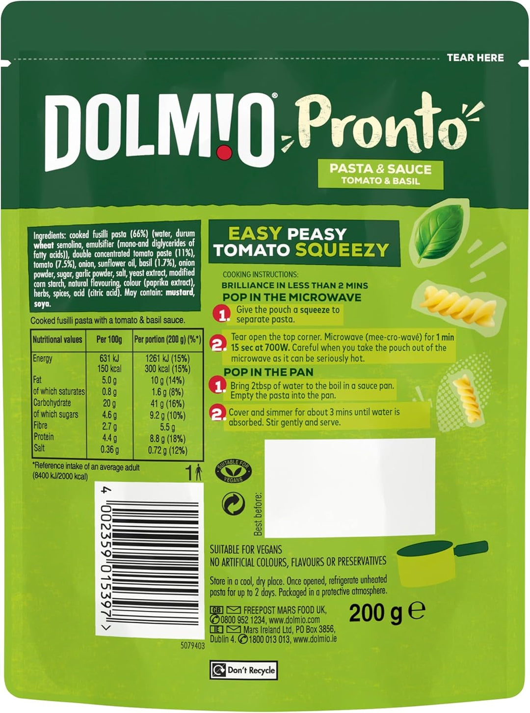 Dolmio Pasta Pronto Tomato & Basil Microwave Fusilli with Sauce, 6-Pack