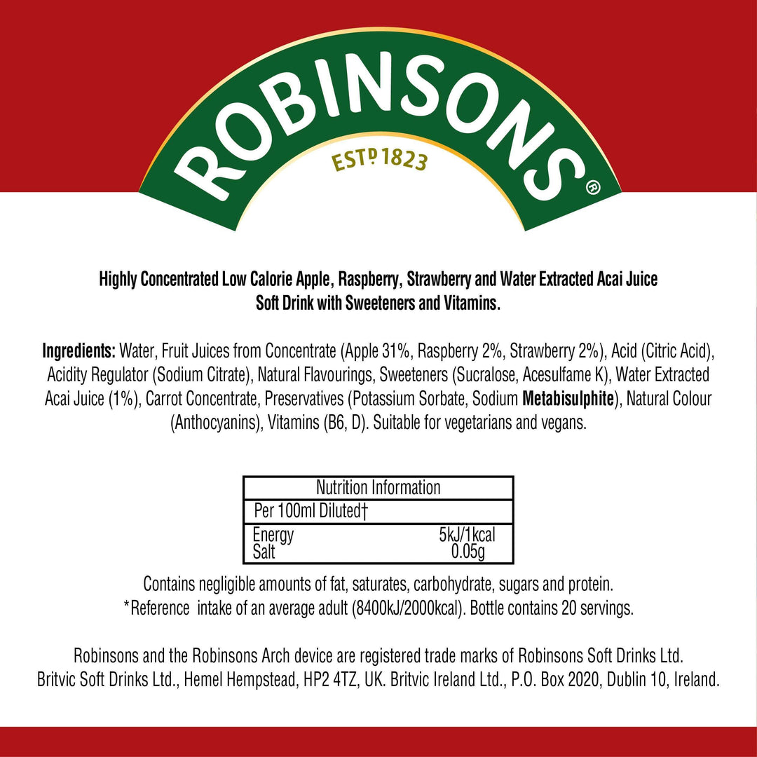 Robinsons Boost Benefit Drops Raspberry, Strawberry & Acai with Vitamin B6 – No Added Sugar Squash Concentrate
