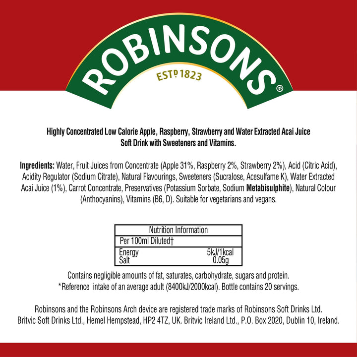 Robinsons Boost Benefit Drops Raspberry, Strawberry & Acai with Vitamin B6 – No Added Sugar Squash Concentrate