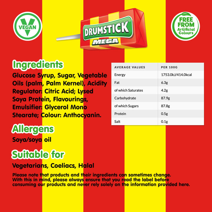 Swizzels Mega Original Drumstick Raspberry and Milk Flavoured Lollies, Multipack Bulk Box (36 Lollies)