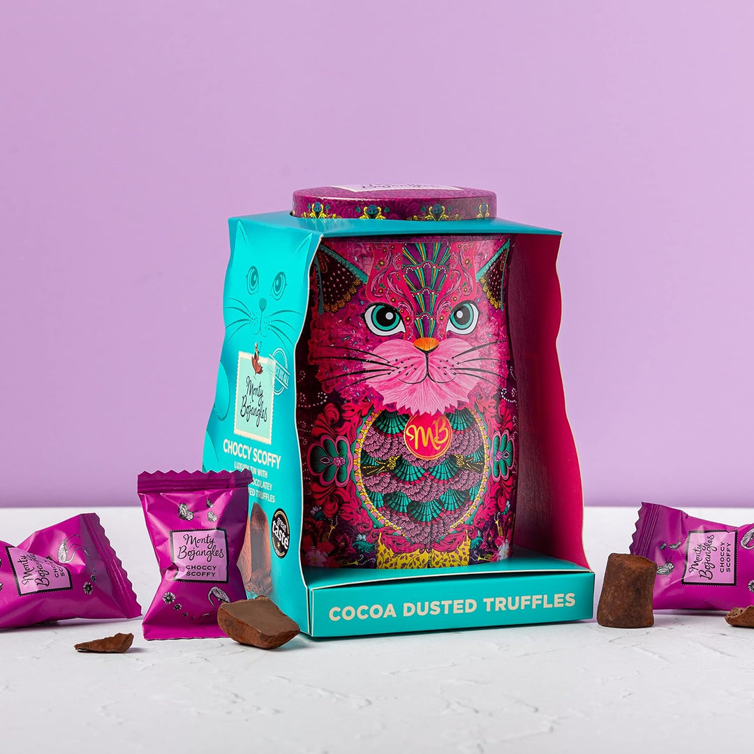 Monty Bojangles Choccy Scoffy Cat Tin - Cocoa Dusted Chocolate Truffles, Persian Pink Cat