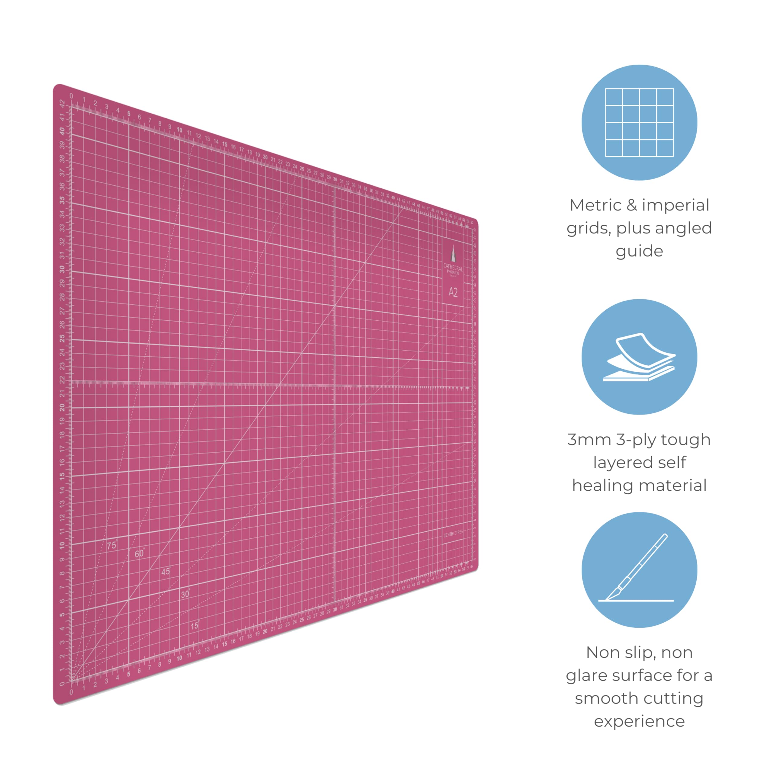 Cathedral Products A2 Double-Sided Self-Healing Cutting Mat | 3mm Thick | Pink 3