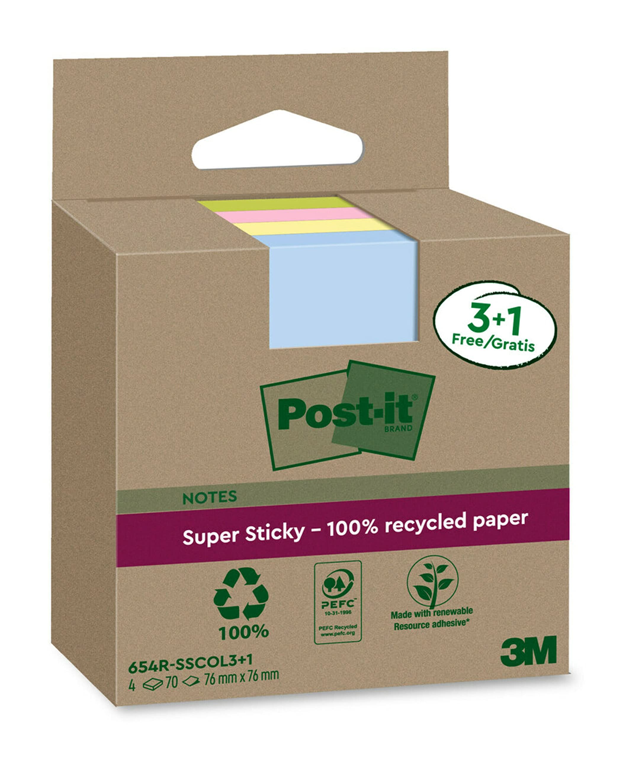 Post-it Super Sticky 100% Recycled Notes - 4 Pad Pack (3+1 Free) | 70 Sheets Each | Pink, Green, Yellow, Blue 1