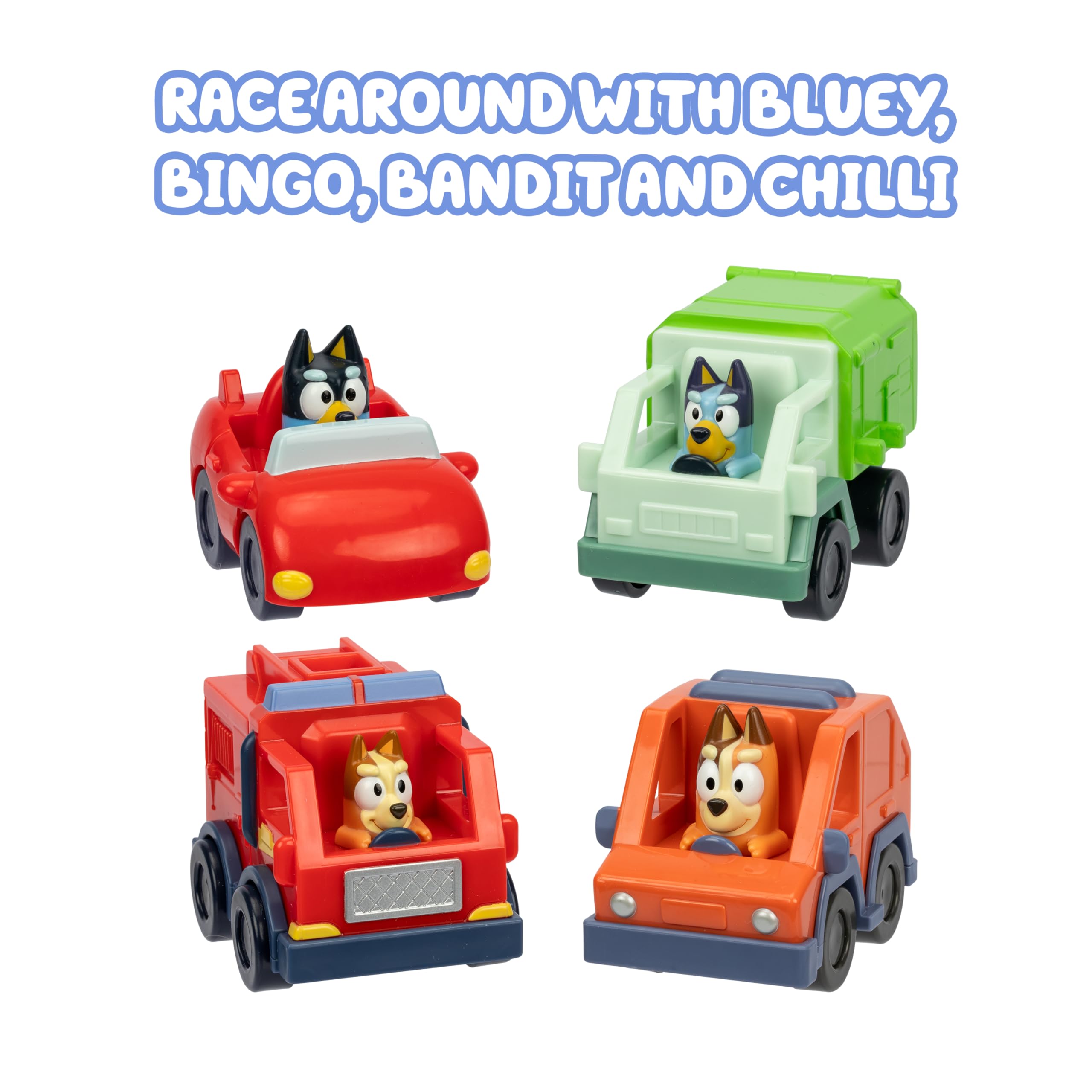 Bluey Mini Racers Set - 4 Popular Vehicles | Free-Rolling Wheels | Ages 3+ 3