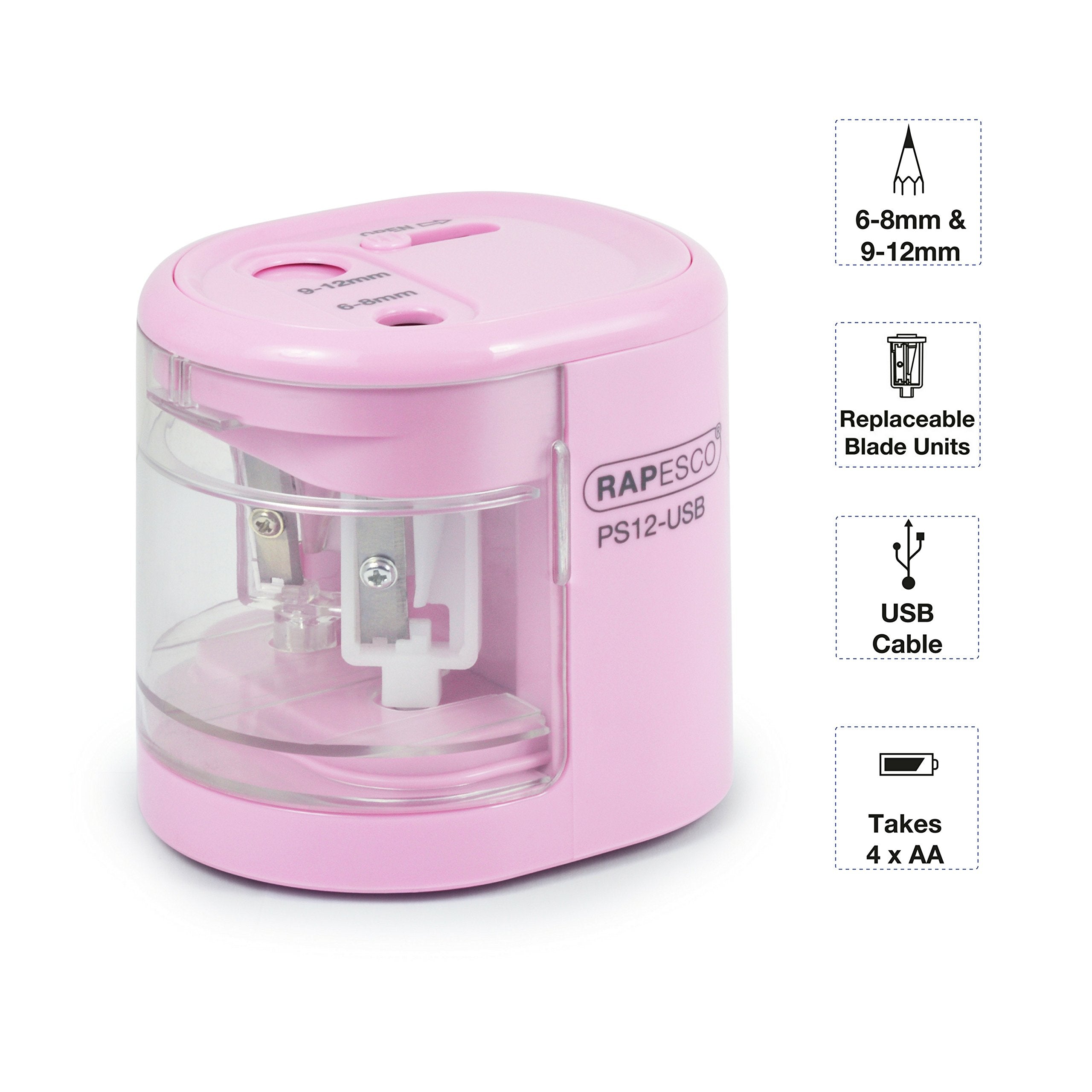 RAPESCO Automatic Electric Pencil Sharpener 1446 - Dual Hole | USB/Battery Powered | Candy Pink