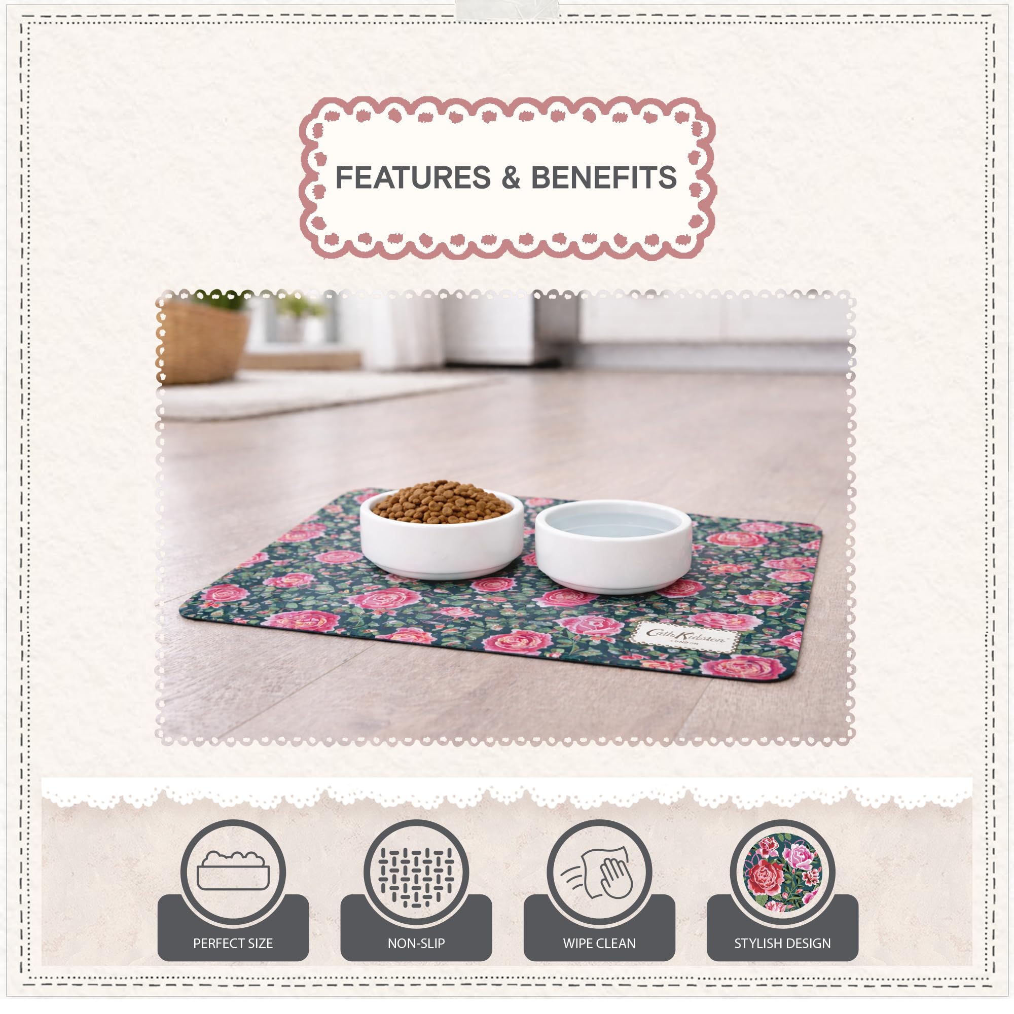 Pet Brands Cath Kidston Dolly Rose Feeding Mat - Waterproof Non-Slip for Double Bowls | 40 x 28 cm