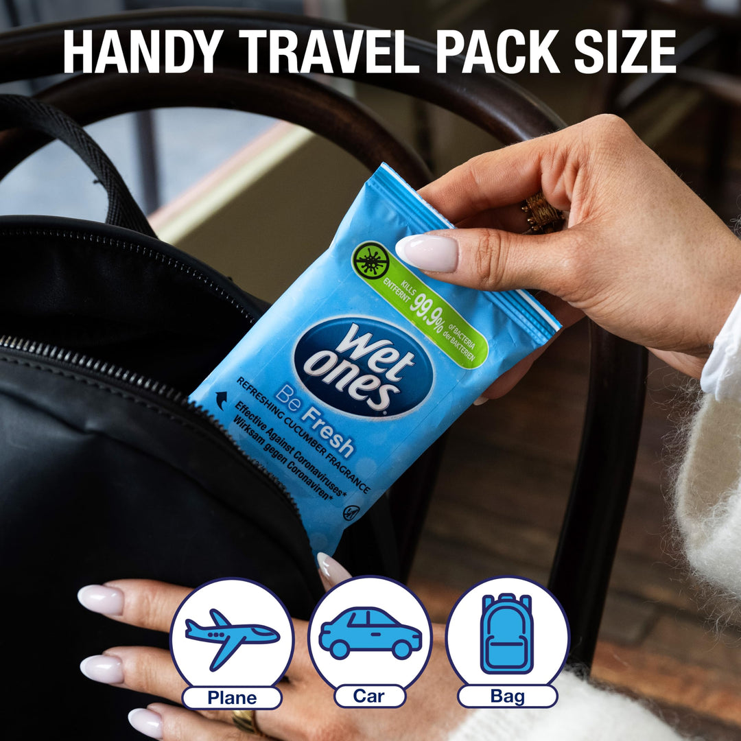 Wet Ones - Be Fresh Antibacterial Pocket Hand Wipes - Plastic Free, Biodegradable - 12 Packs x 12 Wipes (144 Total)