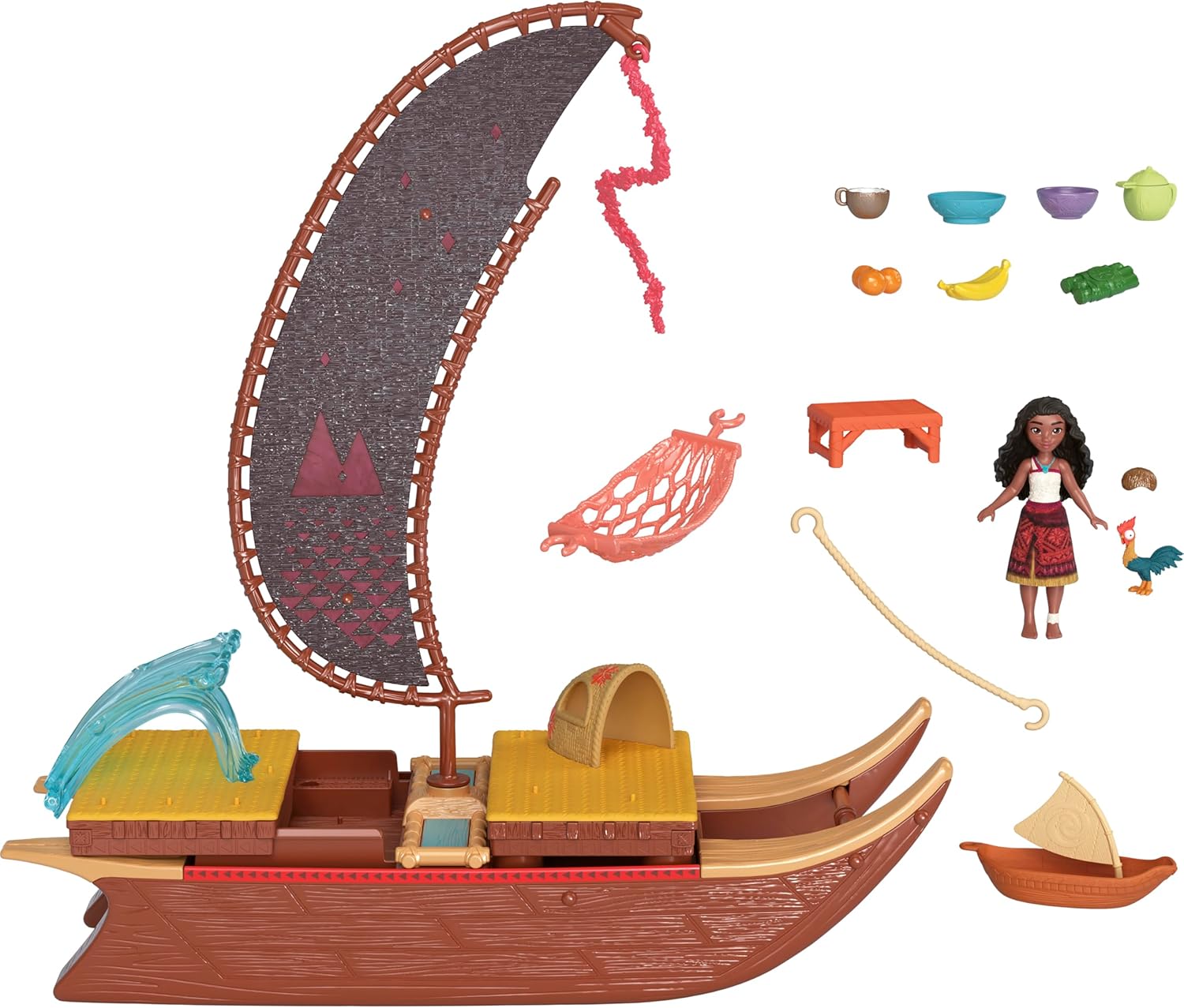 Mattel Disney Moana 2 Adventure Canoe Playset with Floating Canoe, Moana Doll & Heihei - 13-Piece Set for Ages 3+ 5