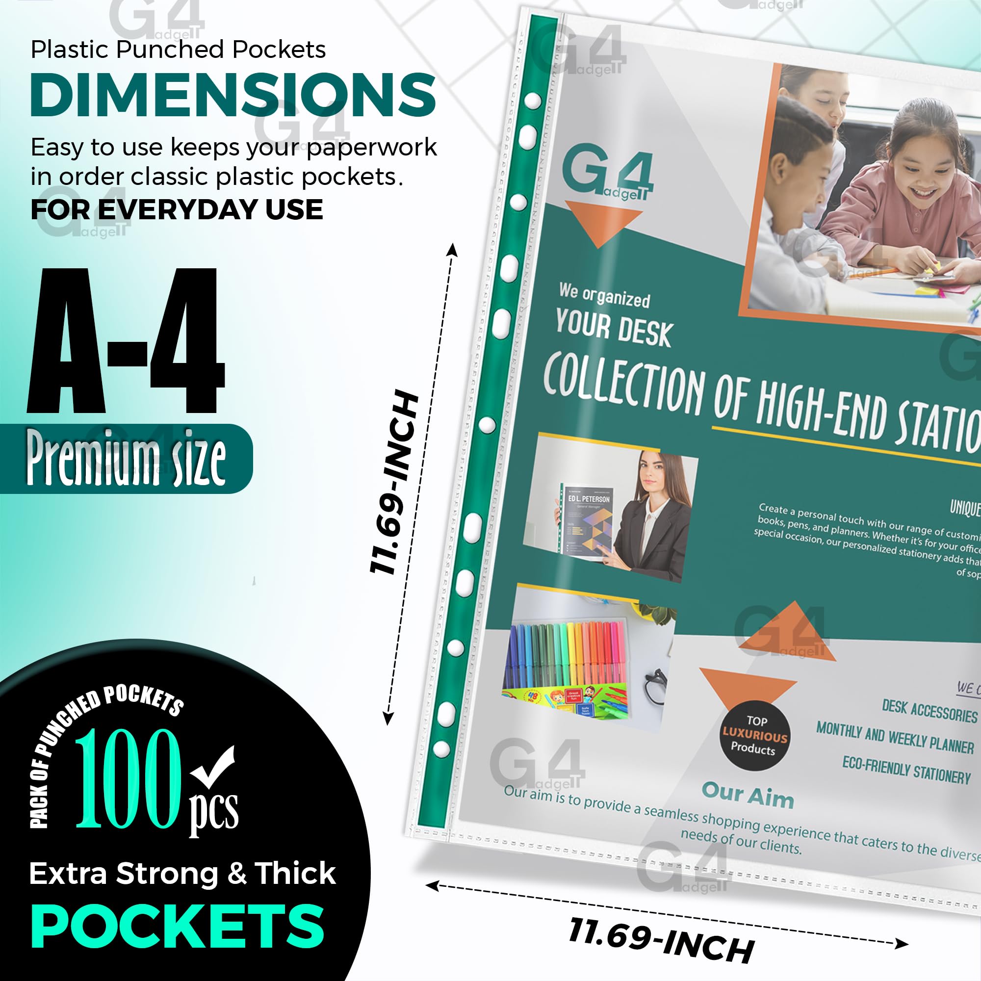 G4GADGET A4 Plastic Punched Pockets Value Pack - 100 Count, 30 Micron, 10-15 Sheet Capacity 2