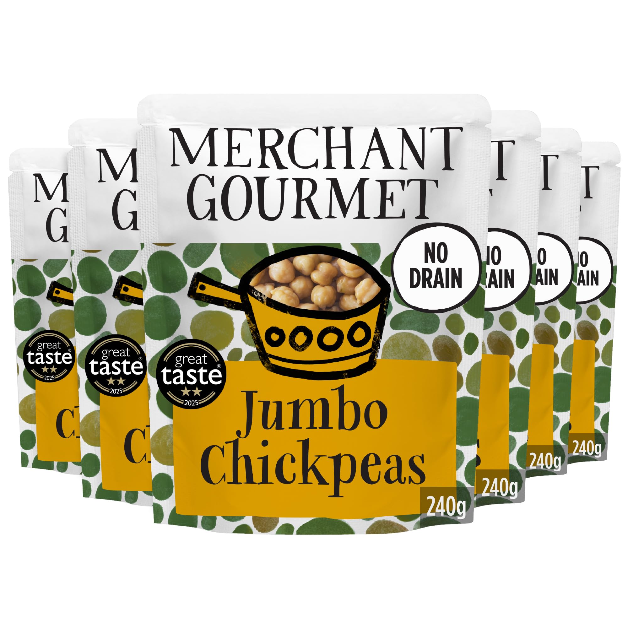 Merchant Gourmet Jumbo Chickpeas with Italian EVOO | 6 x 240g Pouches | Additive & Preservative Free