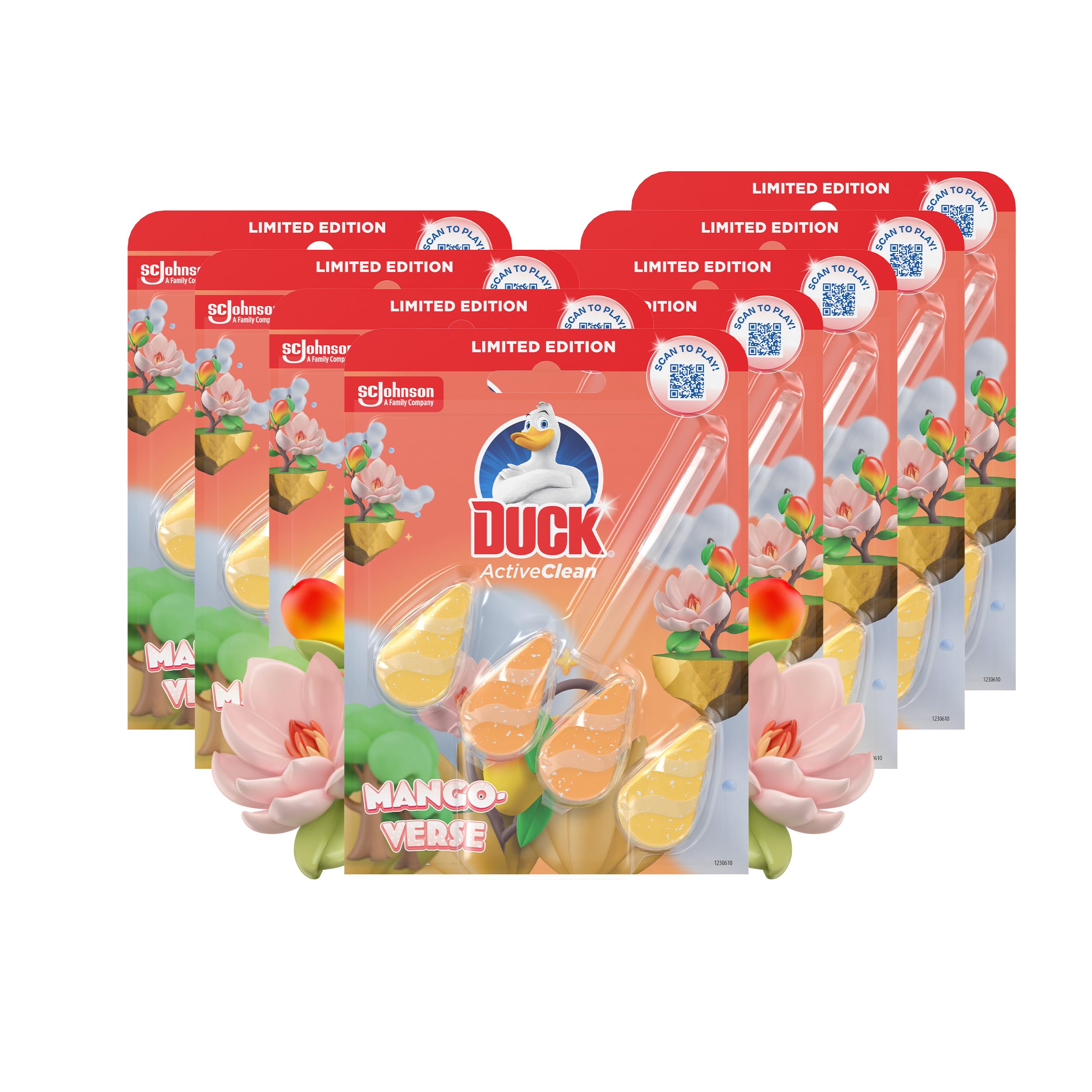 DUCK Active Clean Toilet Rim Block, Mango Verse Scent, Foaming Cleaner | 8 Pack, 38.6 g Each