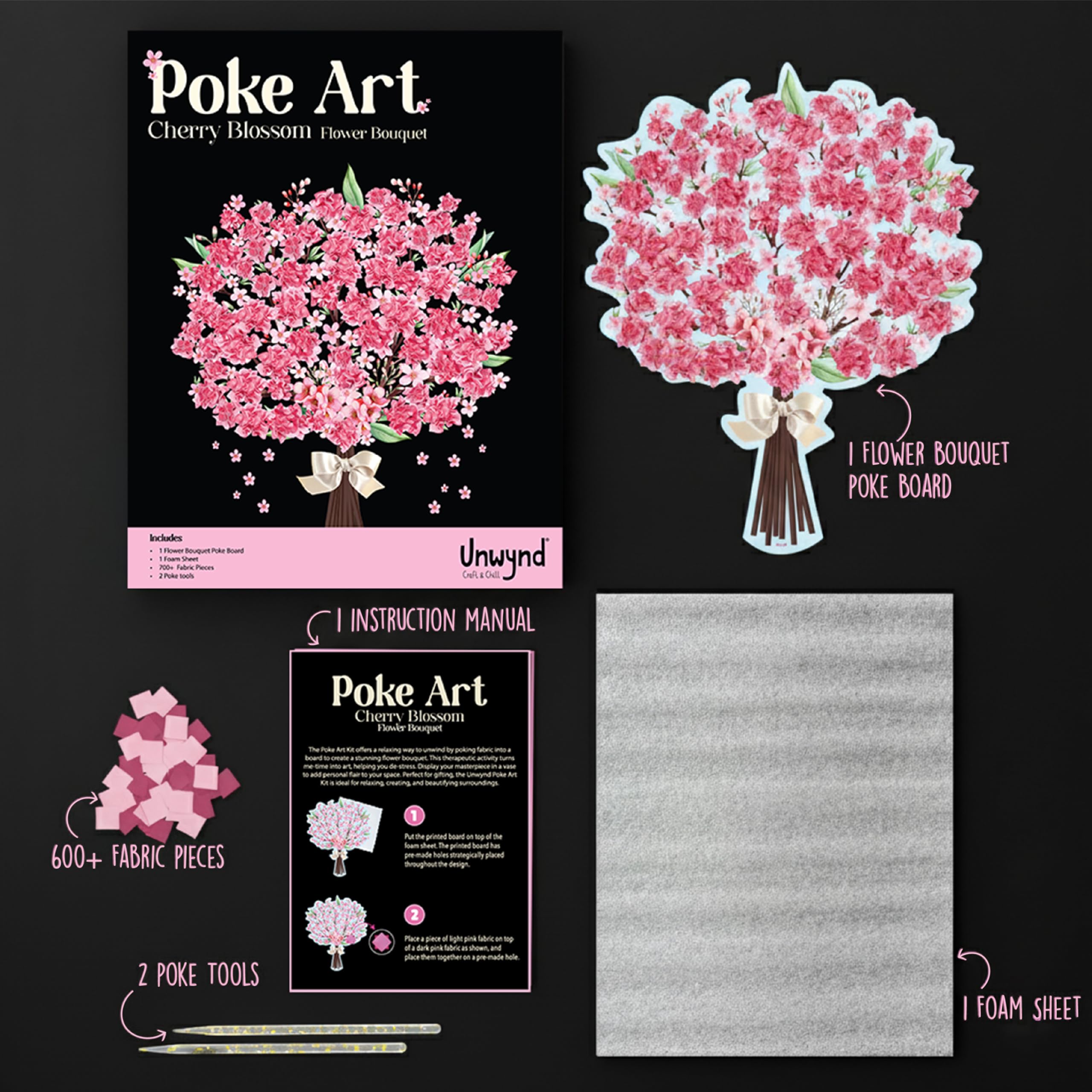 Unwynd Poke Art Cherry Blossom Flower Bouquet - Mess-Free Craft Kit | Fabric Squares | Ages Teen+ 5
