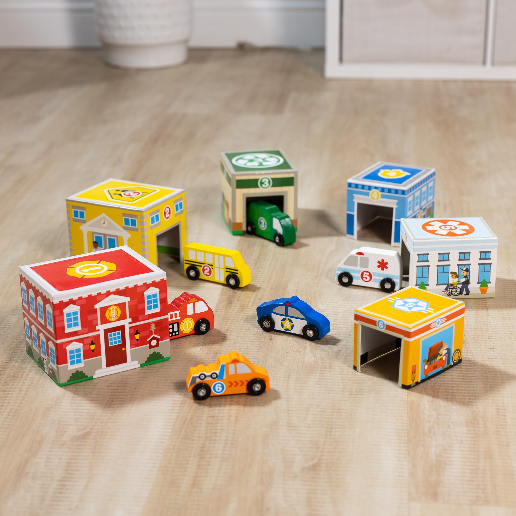 Melissa & Doug Nesting and Sorting Blocks – 6 Buildings & 6 Wooden Vehicles for Ages 2-5 9