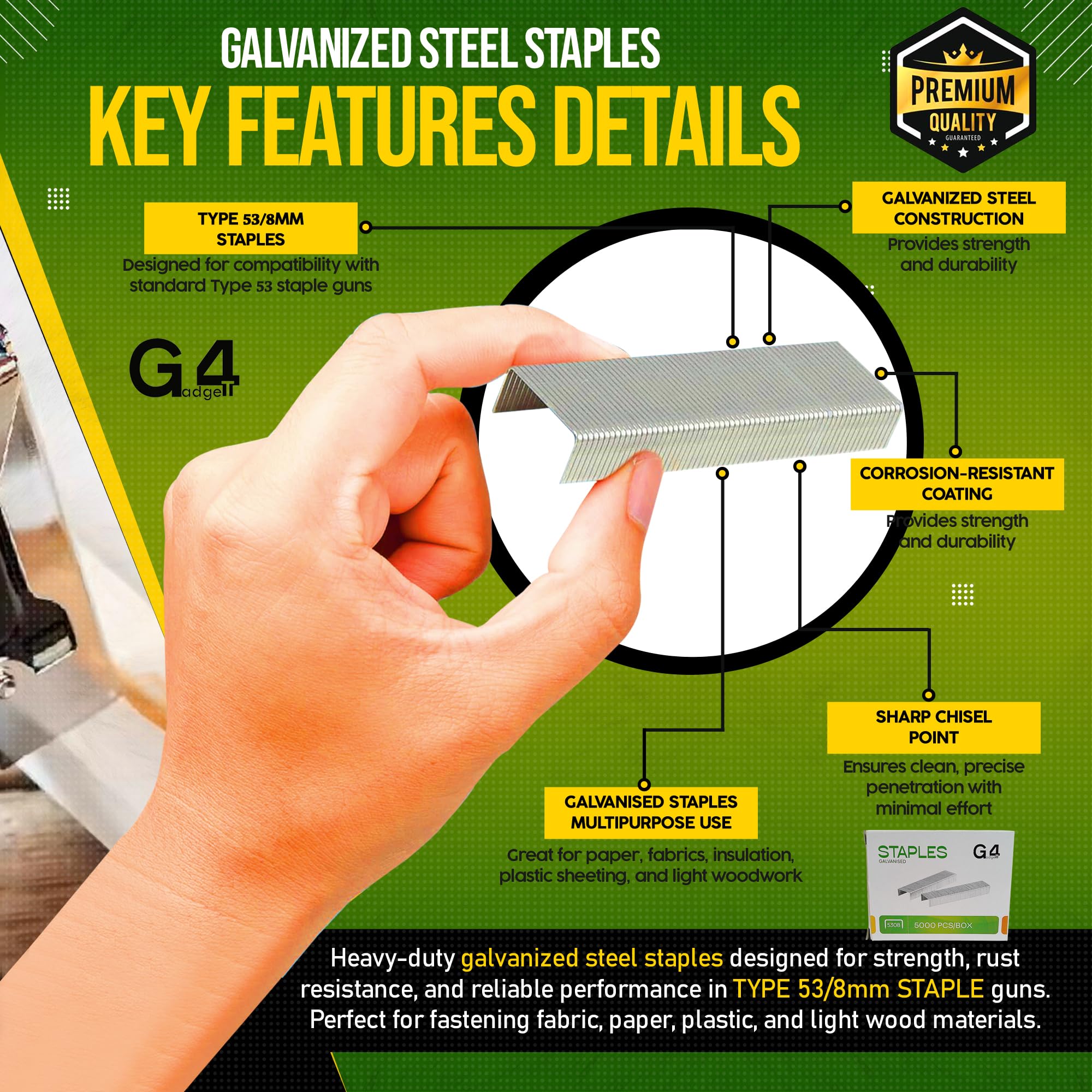 G4GADGET Heavy Duty Staples - 5000 Pack, 53/8mm Size, Stainless Steel | Upholstery & Carpentry 3
