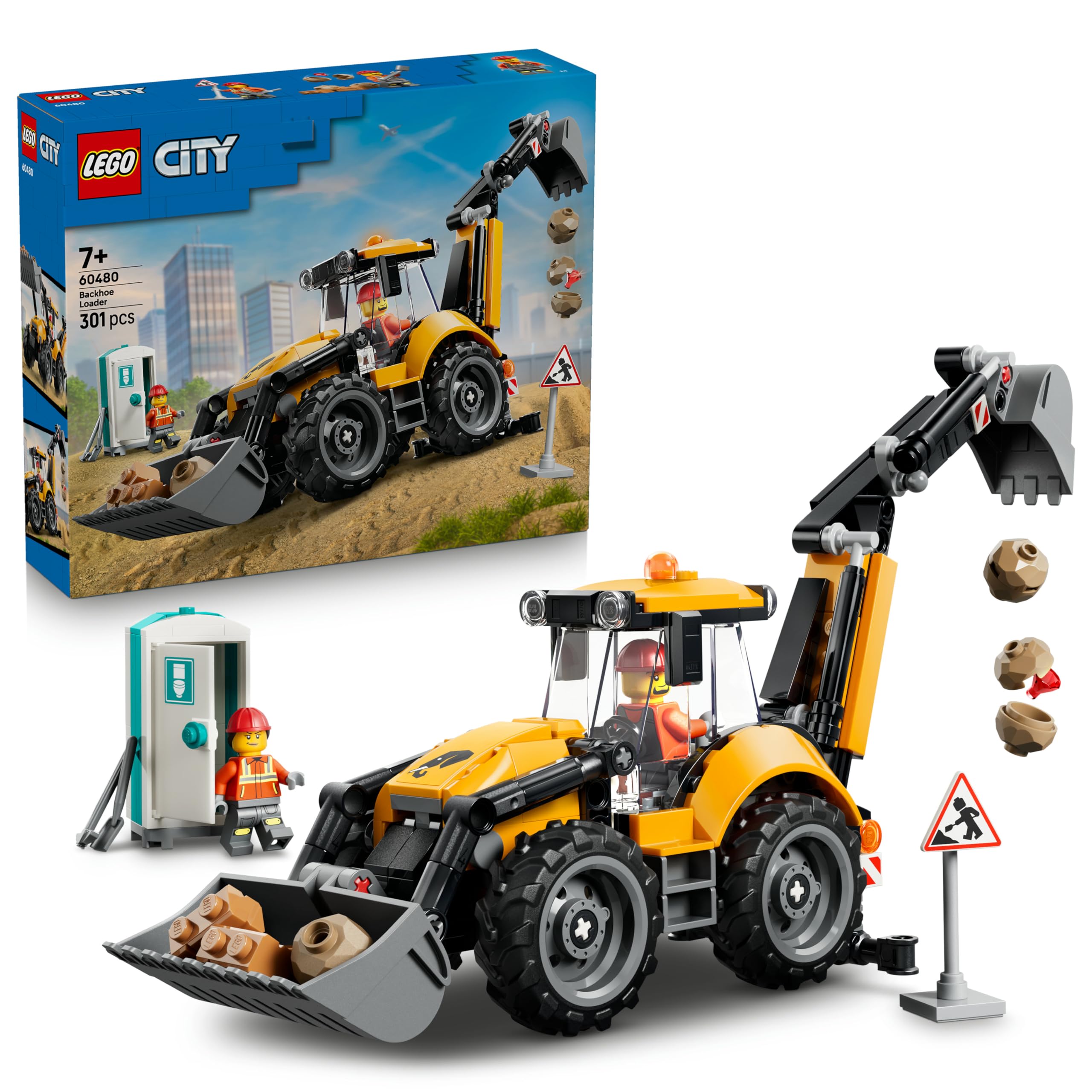 LEGO City Yellow Backhoe Loader Construction Vehicle Set 60480 for Ages 7+