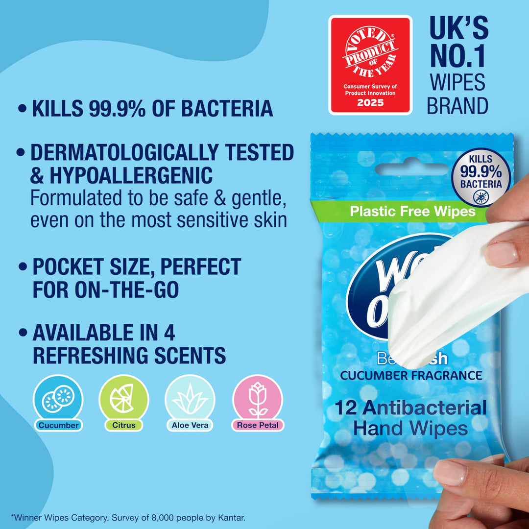 Wet Ones - Be Fresh Antibacterial Pocket Hand Wipes - Plastic Free, Biodegradable - 12 Packs x 12 Wipes (144 Total)
