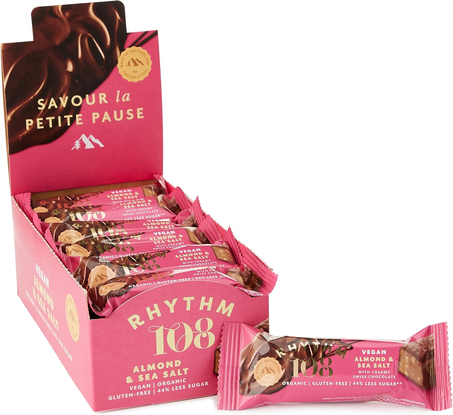 Rhythm 108 – Süß-salziger Schweizer Mandelschokoladenriegel (33 g, 15er-Packung)