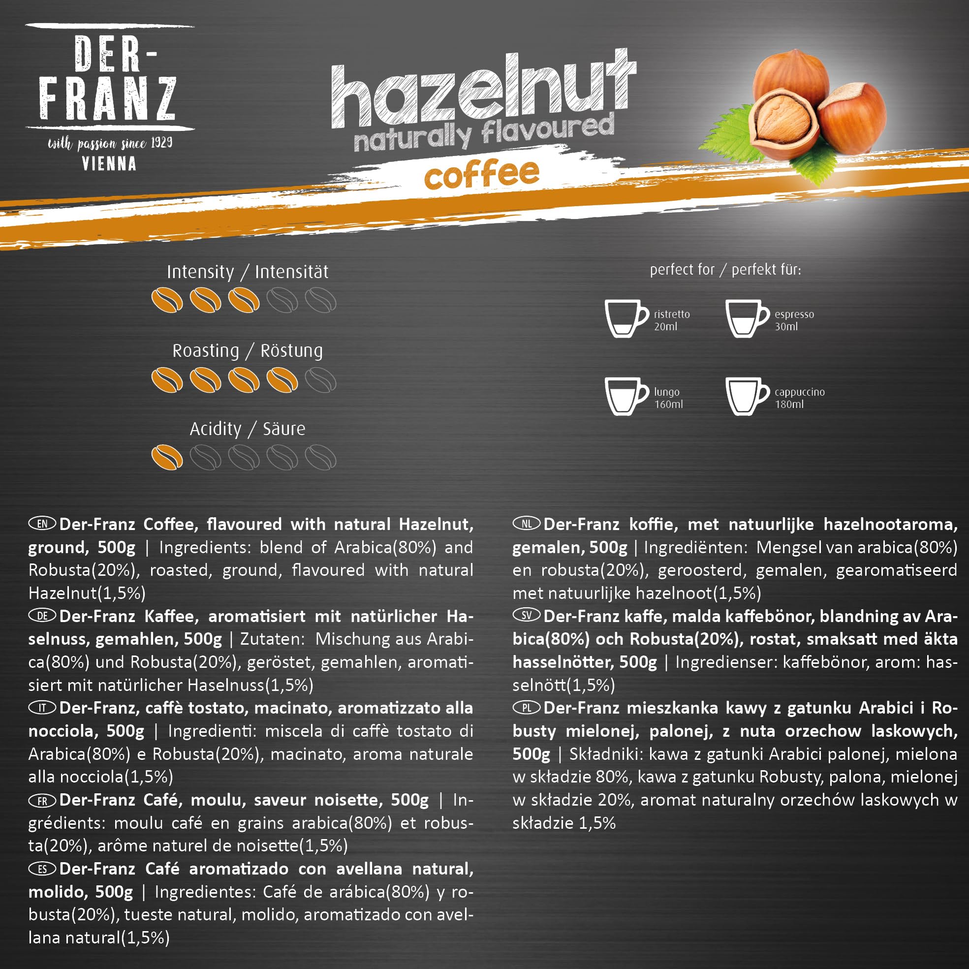 Der-Franz Hazelnut Flavoured Ground Coffee - 80% Arabica/20% Robusta Blend | 3/5 Intensity | 2 x 500g Pack 3