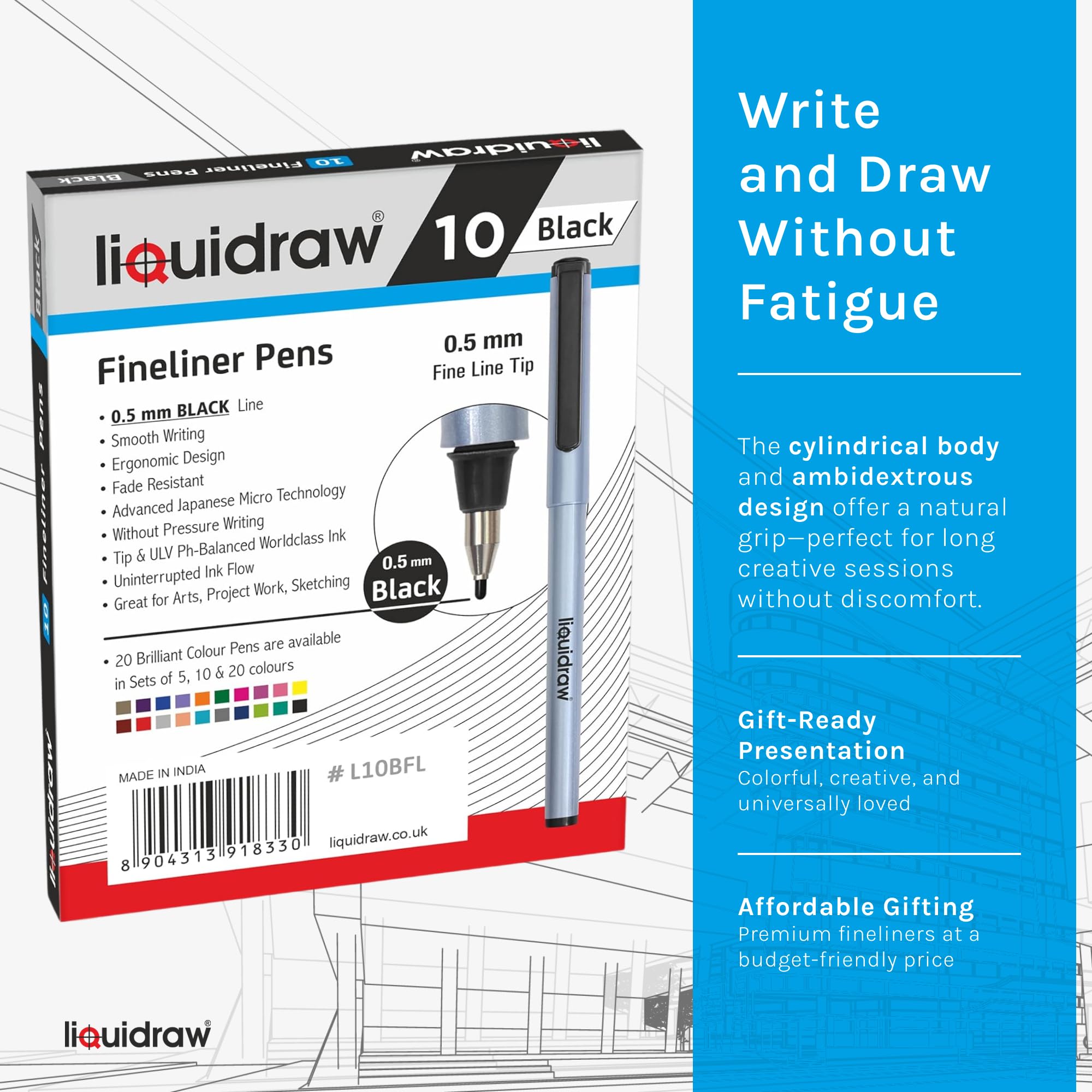 Liquidraw Fineliner Pens Set - 10 Pack Black Ink | 0.5mm Fine Point | Fade Resistant 6
