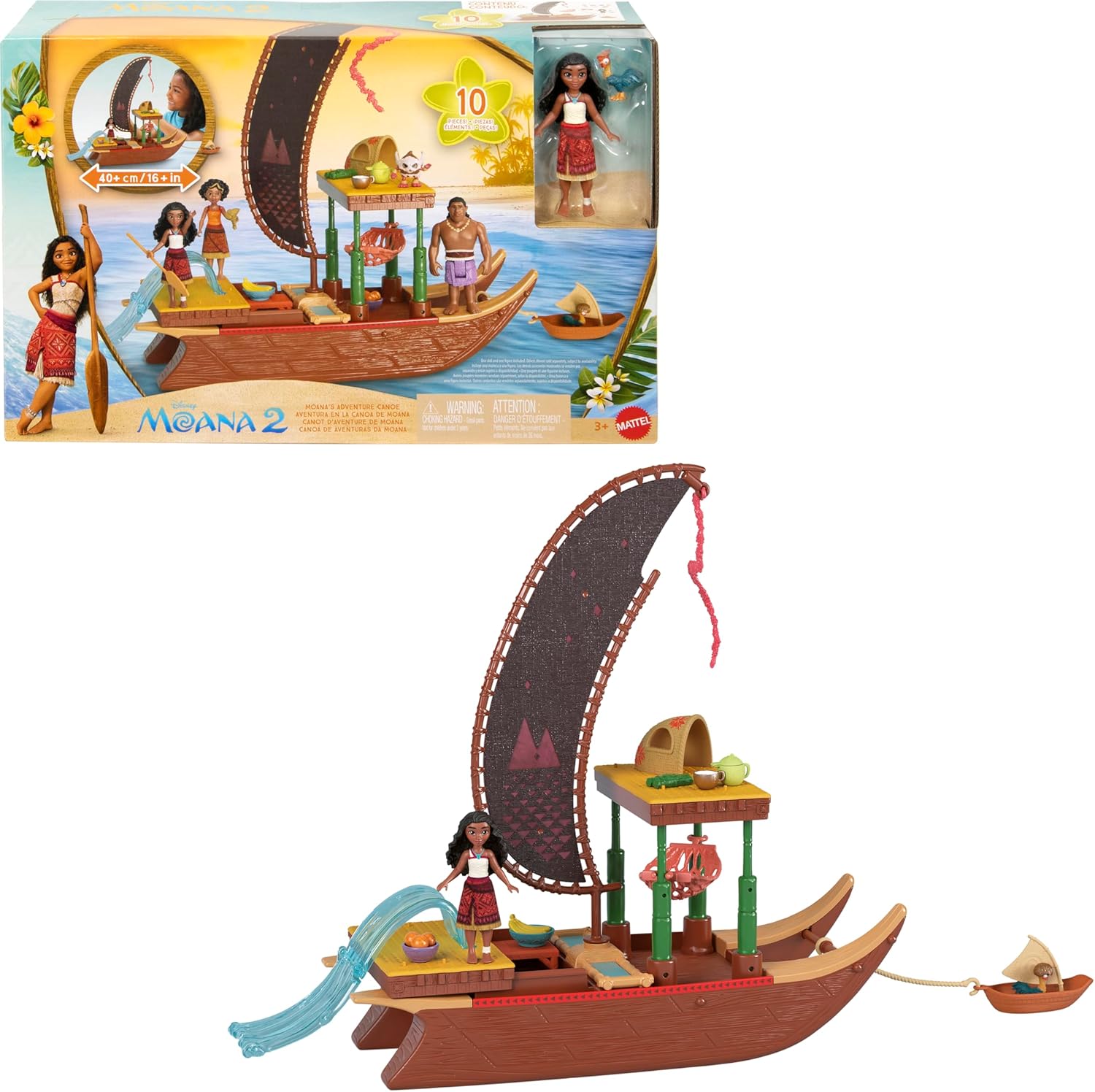 Mattel Disney Moana 2 Adventure Canoe Playset with Floating Canoe, Moana Doll & Heihei - 13-Piece Set for Ages 3+ 1