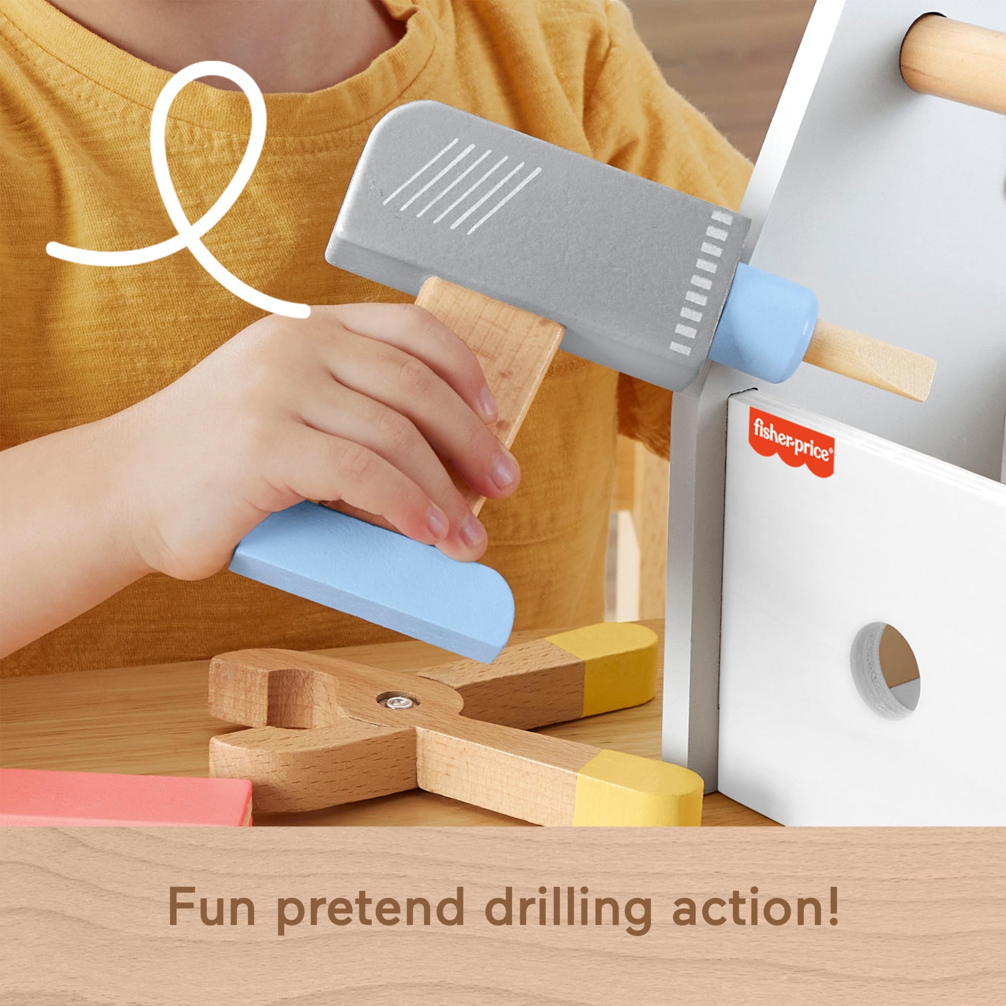 Fisher-Price Wood Pretend Play Toy Tool Box with Drill, 9-Piece Wooden Set | Ages 3+ 5