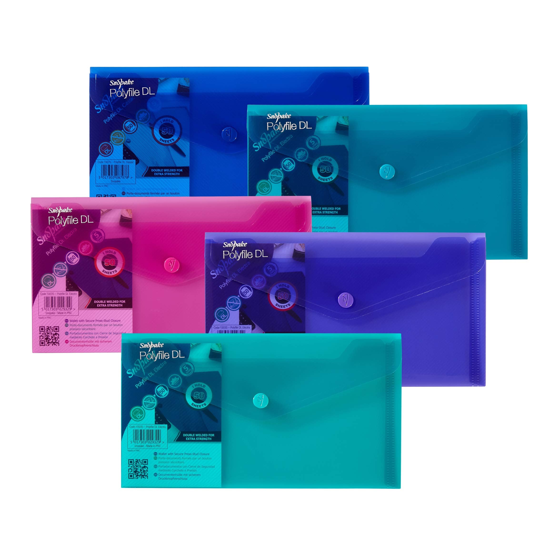 Snopake DL Polyfile Popper Wallet with Press Stud Closure - Assorted Electra | Pack of 5 | Polypropylene