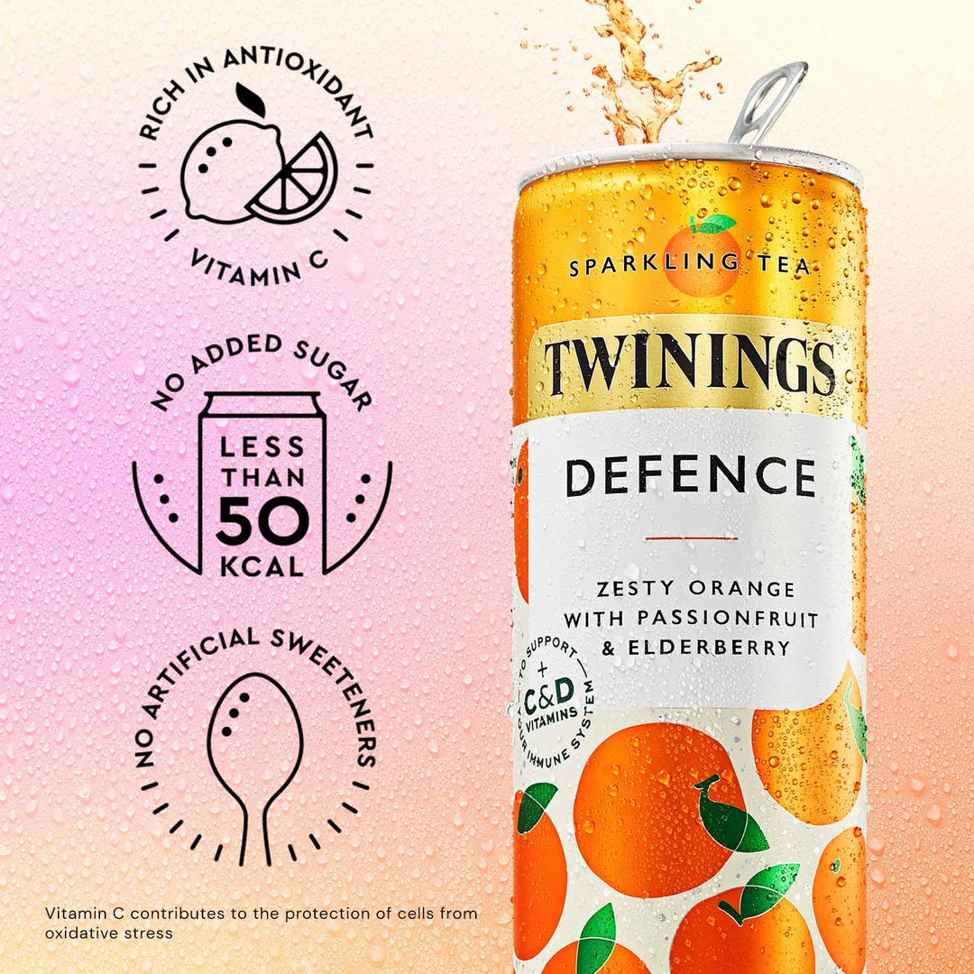 Twinings Defence - Orange and Passionfruit Flavoured Sparkling Tea - Refreshing, No Added Sugar, Vegan, Low Calorie