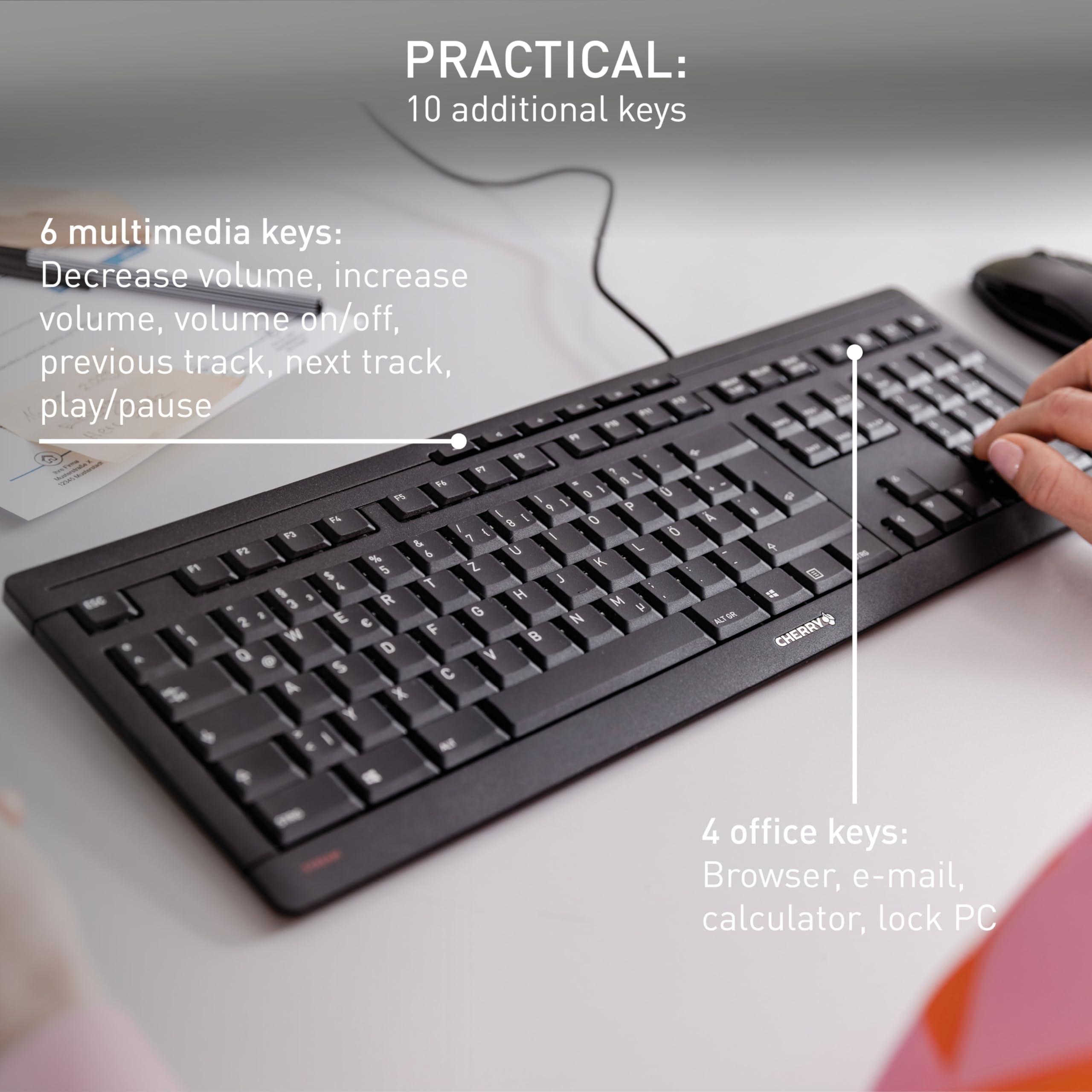 CHERRY STREAM KEYBOARD - Wired, Whisper-Quiet Keystroke | UK QWERTY Layout | Black 3
