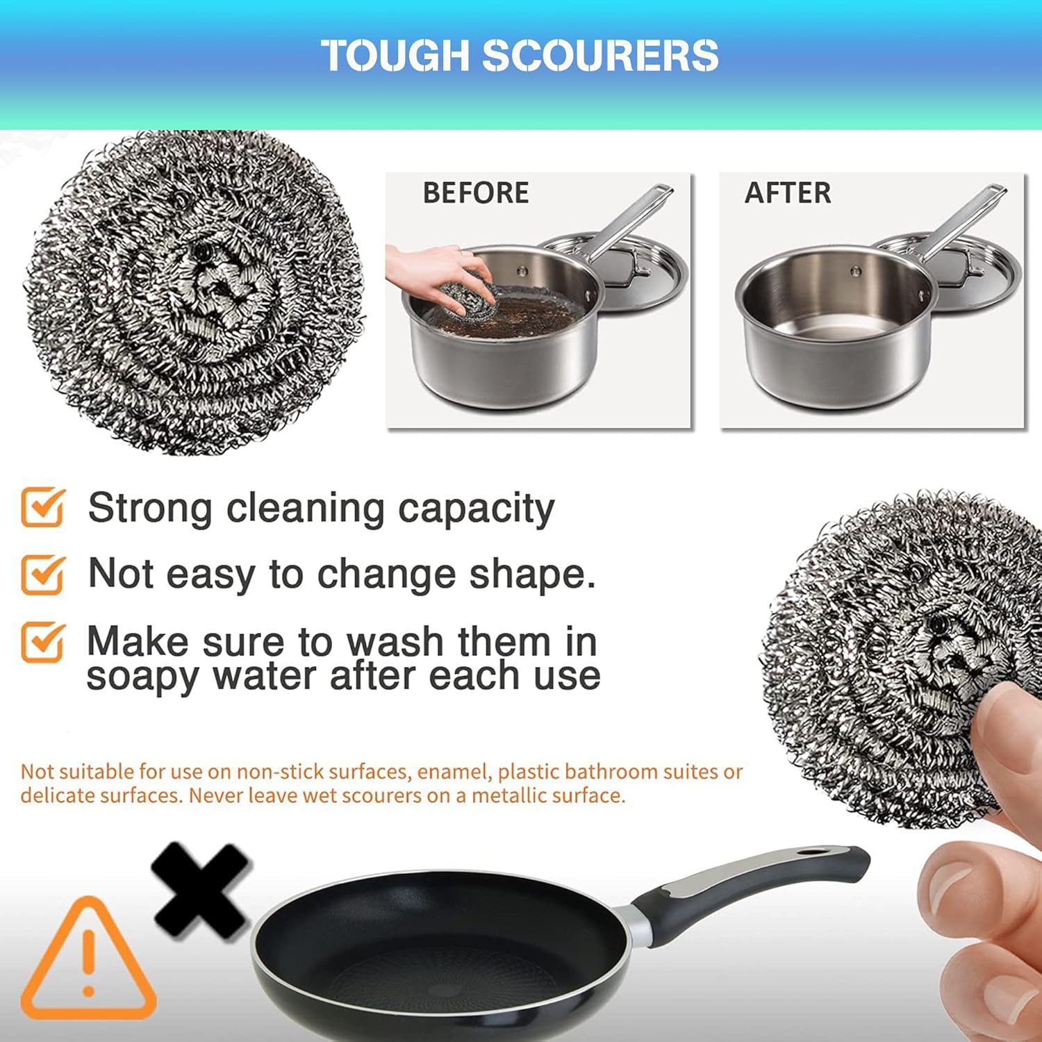 HomeSmith Stainless Steel Scourers – Pack of 6, Heavy Duty Cleaning Pads (HS-130) 4