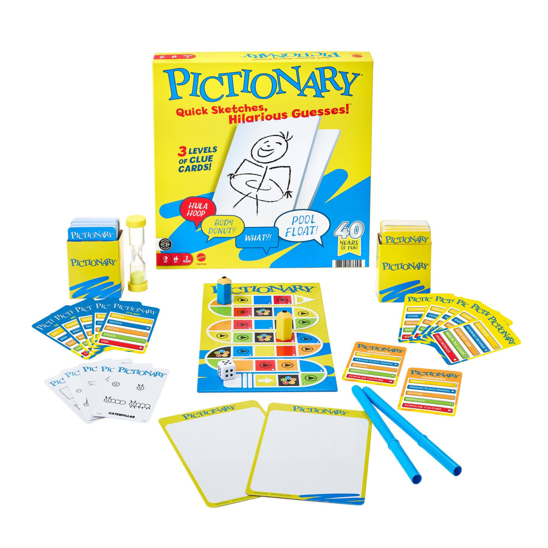 Mattel Games Pictionary Family Board Game for Kids and Adults with Erasable Markers, Boards, Sand Timer, JDX96