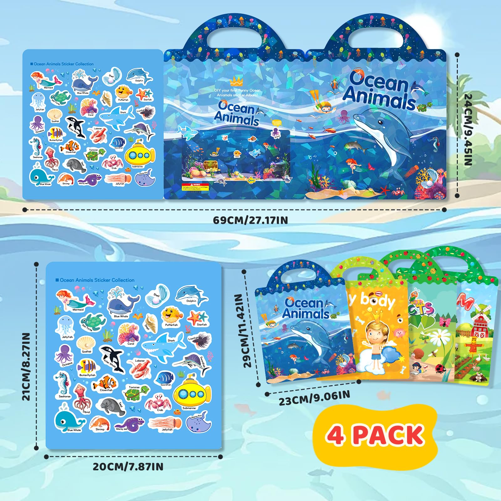 GUYUCOM 4 Pack Reusable Sticker Books - Ocean, Body, Insect & Farm Themes | Fine Motor Skill Development 5