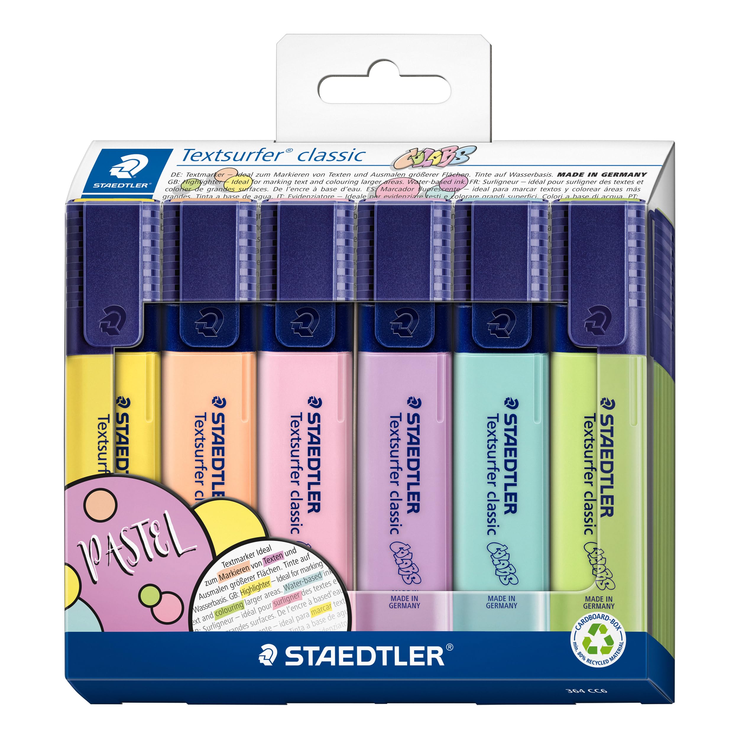 STAEDTLER Textsurfer Classic Highlighter 364 CC6 ST - Assorted Pastel Colours | Chisel Tip | Ink Jet Safe