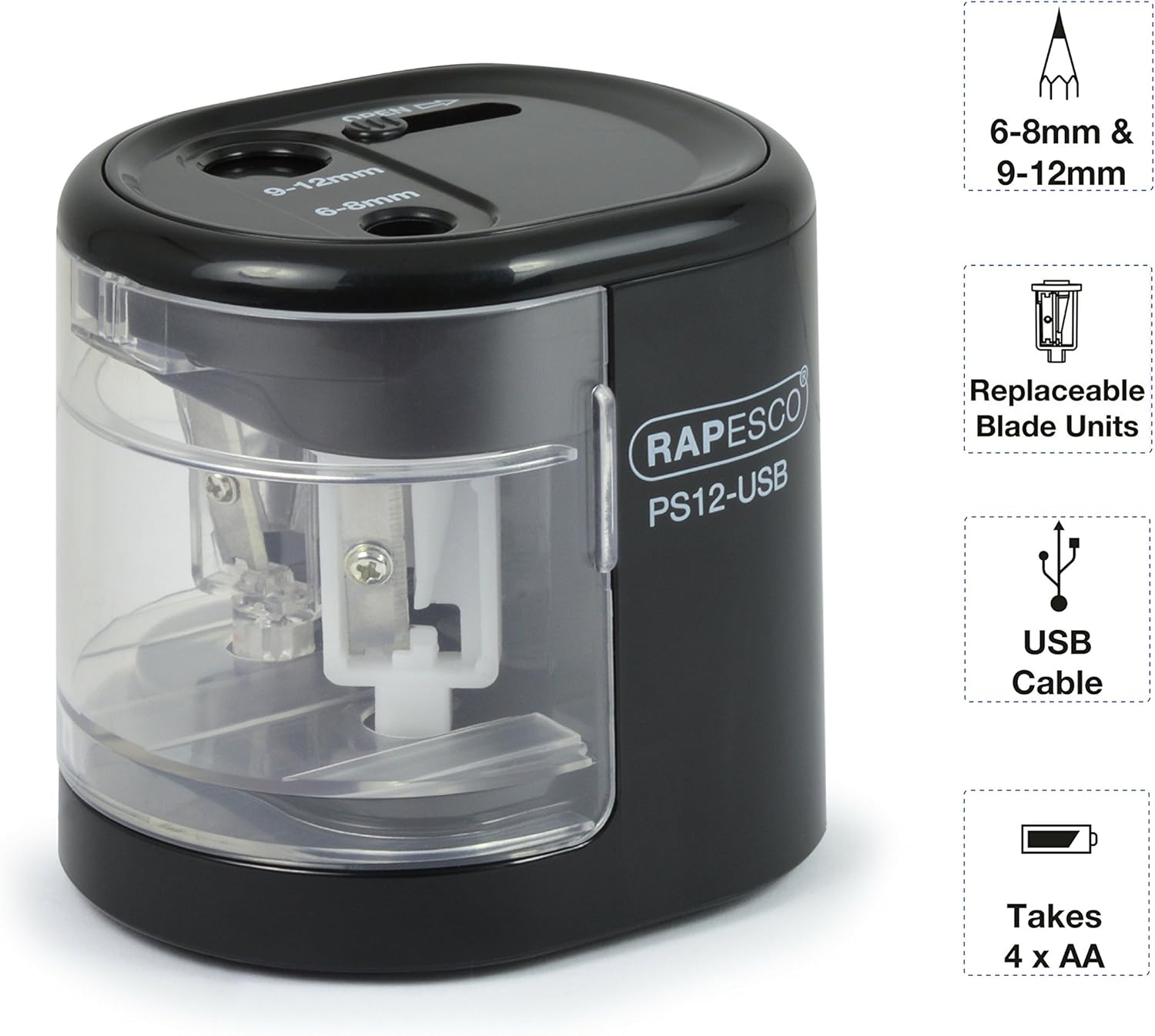 Rapesco 1449 Automatic Electric USB/Battery Pencil Sharpener, Black 5