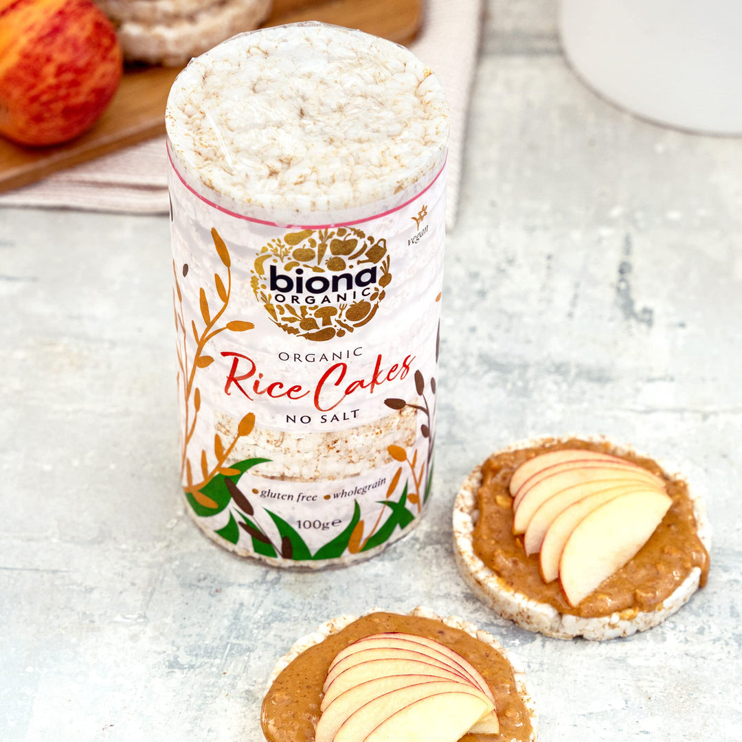 Biona Organic Unsalted Rice Cakes - 100% Organic Wholegrain Brown Rice - Source of Fibre, Naturally Gluten Free - Vegan Snacks (Pack of 12)