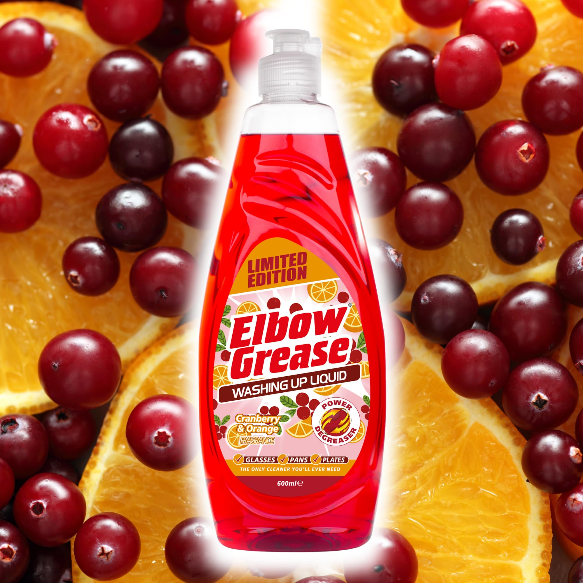 Elbow Grease Washing-Up Liquid - Powerful Degreaser, Streak-Free Shine, Cranberry & Orange Scent, 600ml 5