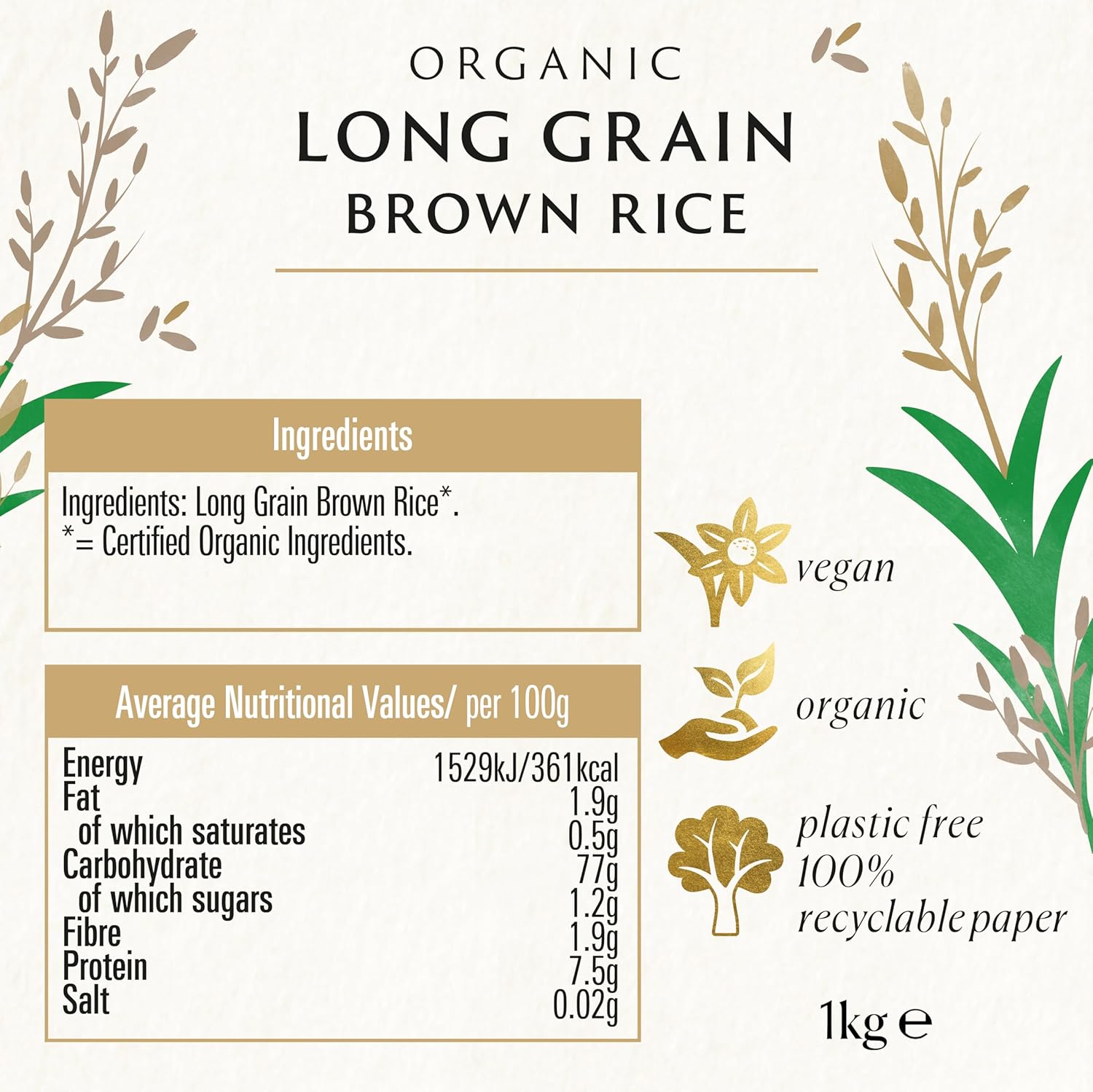 Biona Organic Long Grain Brown Rice, 1 kg - Plastic Free Paper Packaging 2