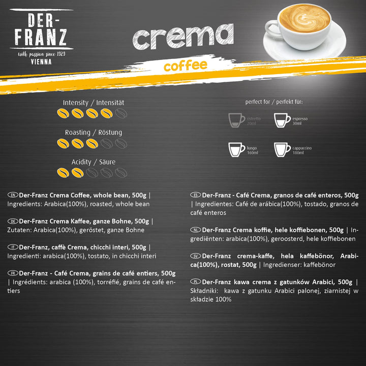 Der-Franz Crema Coffee, Whole Bean, 3 x 500 g