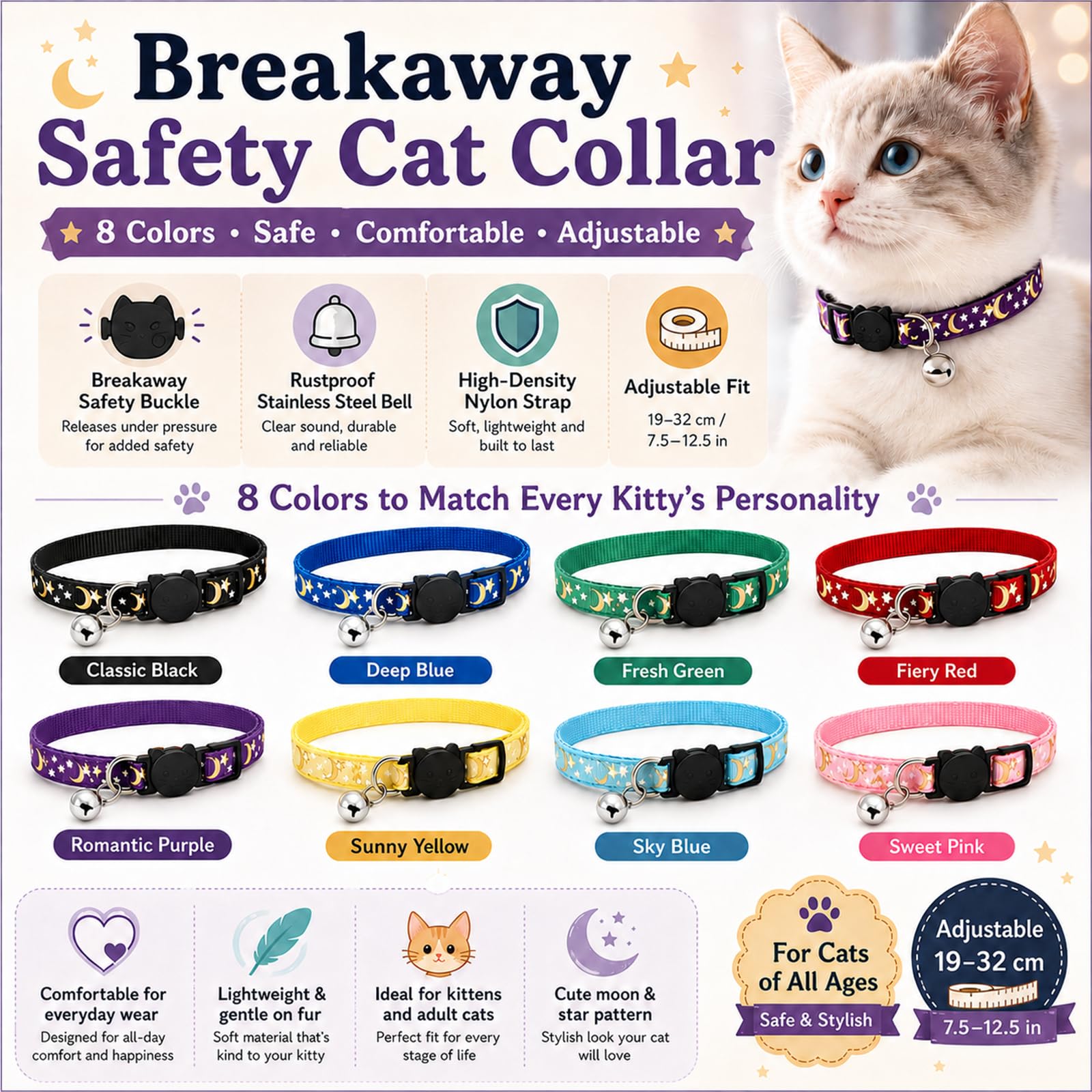 Muexoee Reflective Adjustable Cat Collar with Bell - Moon Star Print, Black, 2 Pack 3
